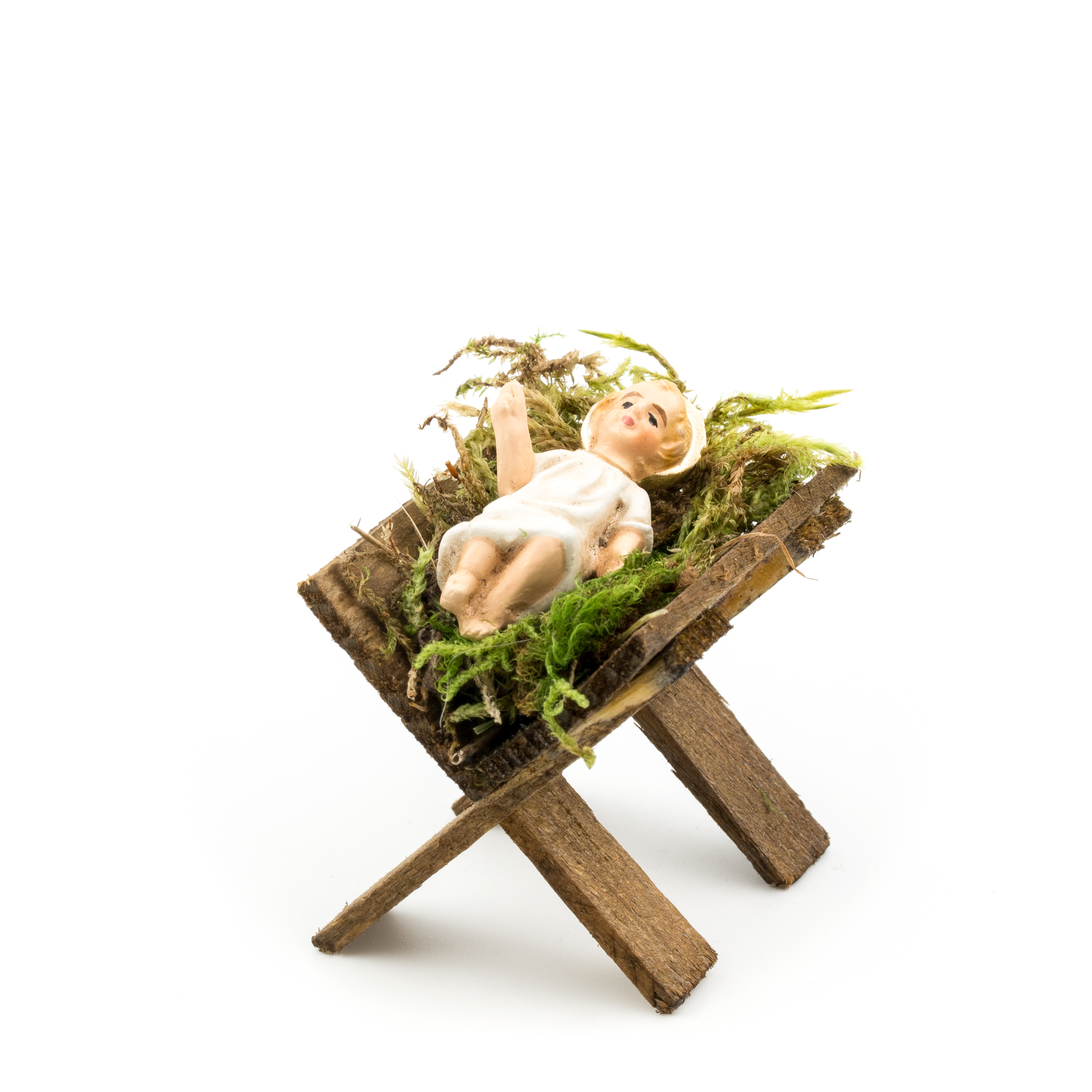 Jesuskind in Krippe aus Holz mit Moos, Krippenfigur