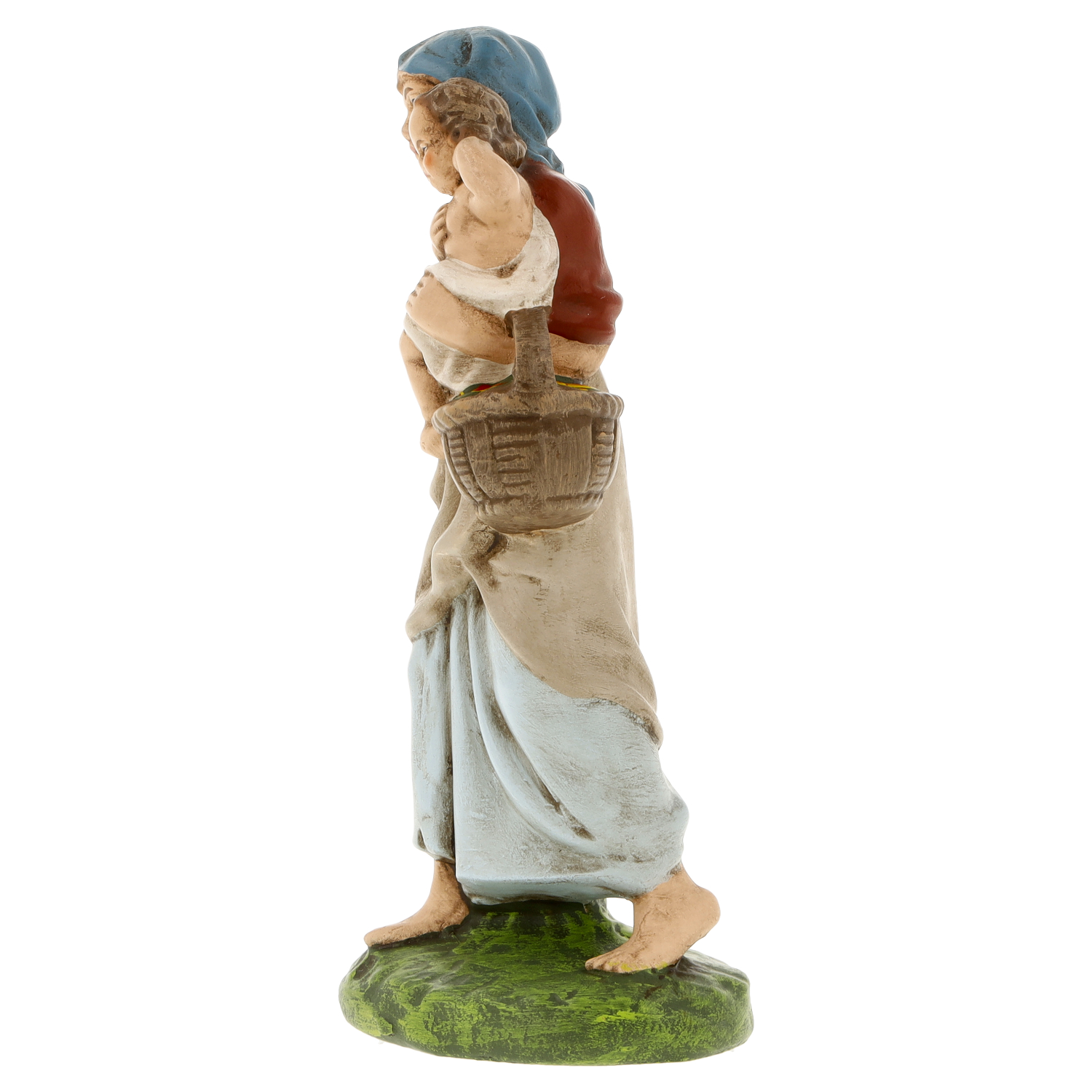 Figur: Bäuerin mit Kind und Korb auf grünem Sockel