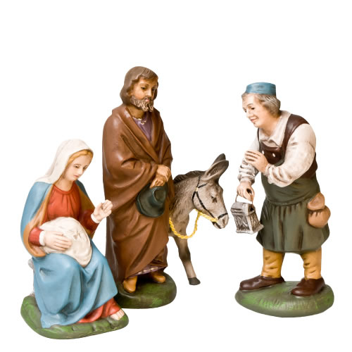 Handbemalte Krippenfiguren: Heilige Familie mit Esel