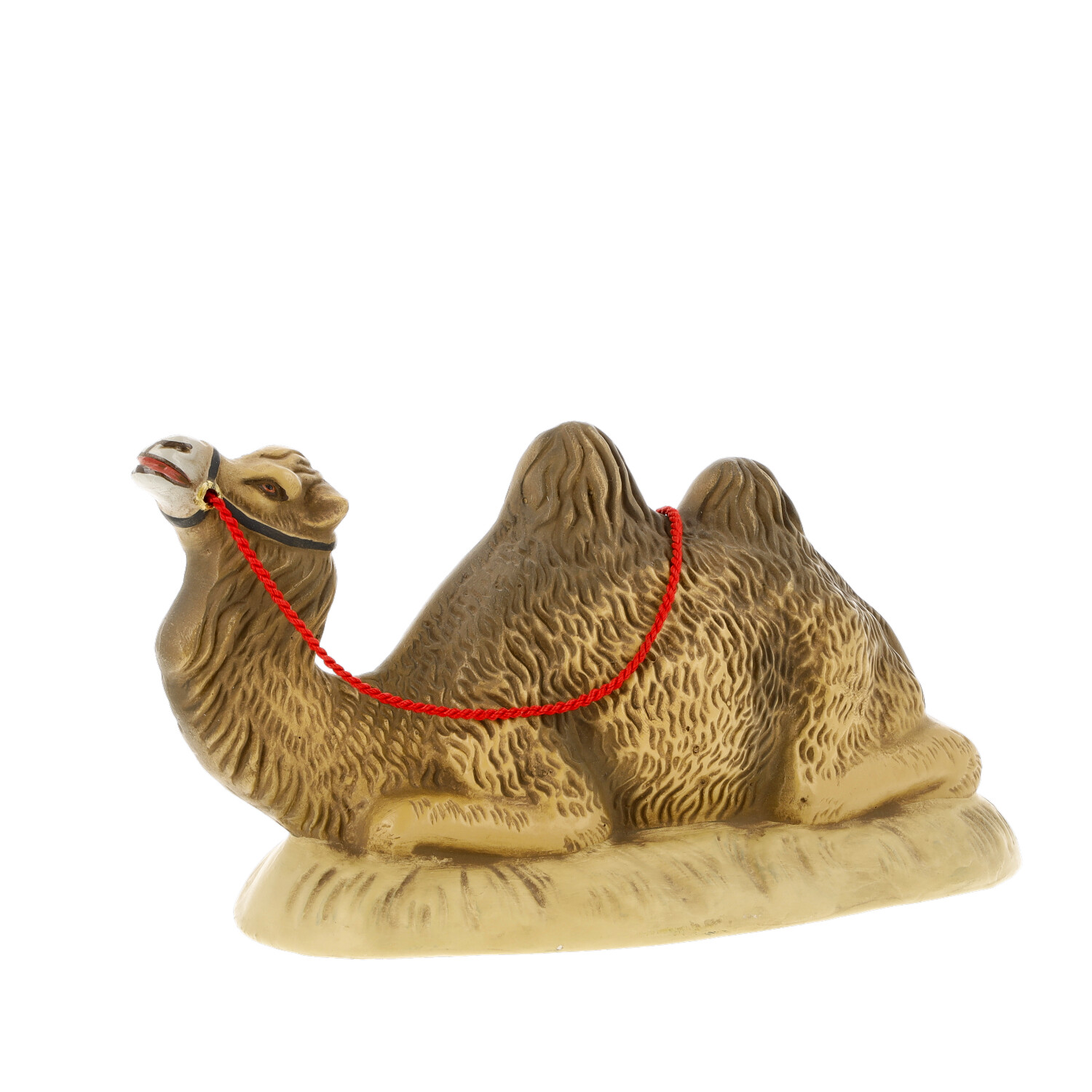 Kniende Kamel-Figur mit zwei Höckern und rotem Halfter