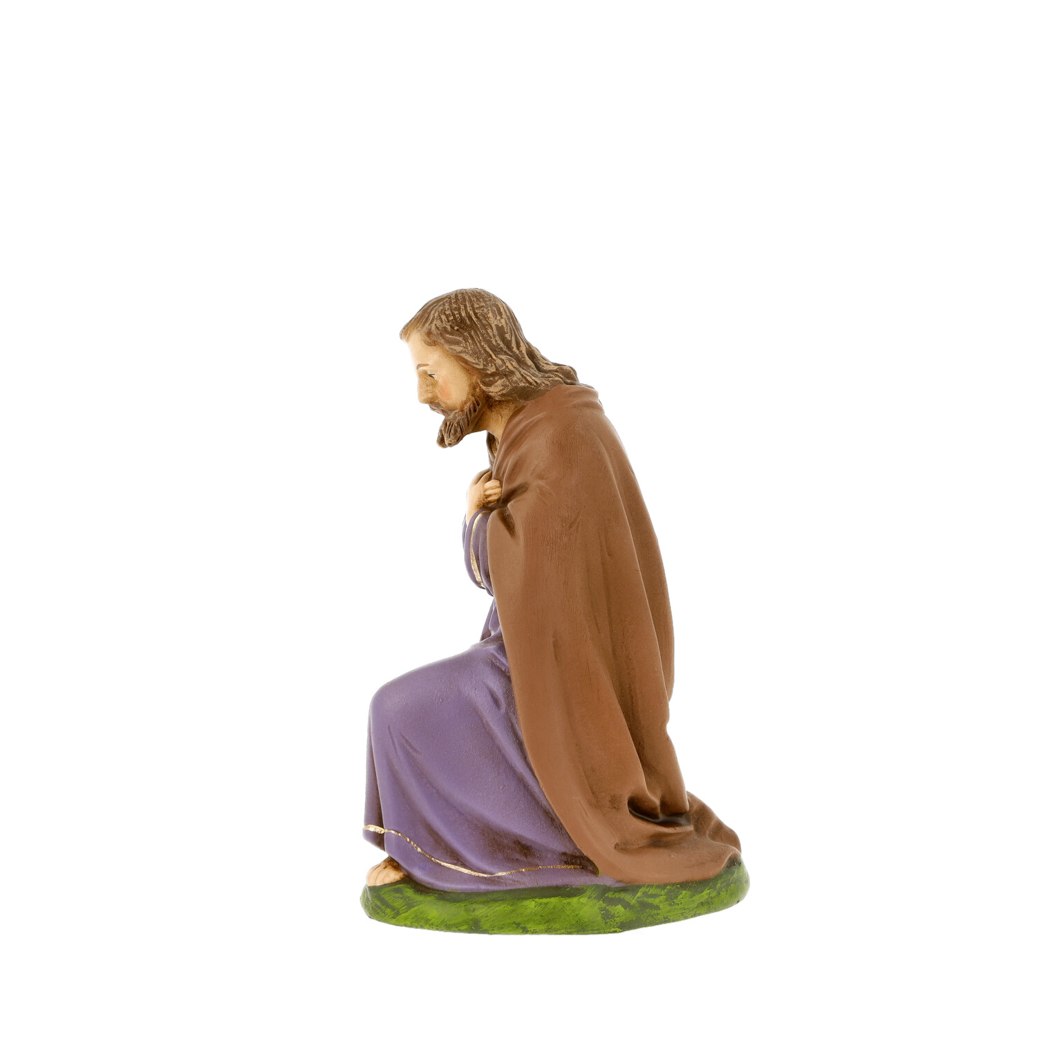Kniende Krippenfigur mit braunem Mantel, lila Gewand