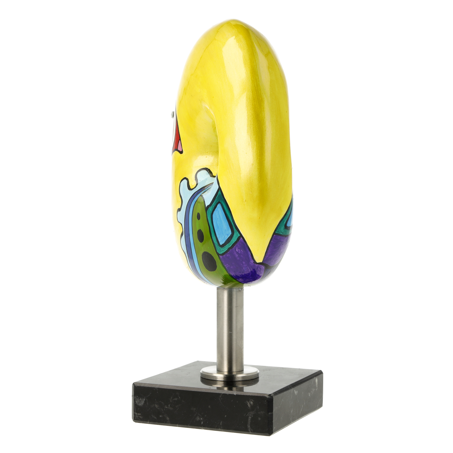 Bunte abstrakte Skulptur auf Metallständer, handbemalt