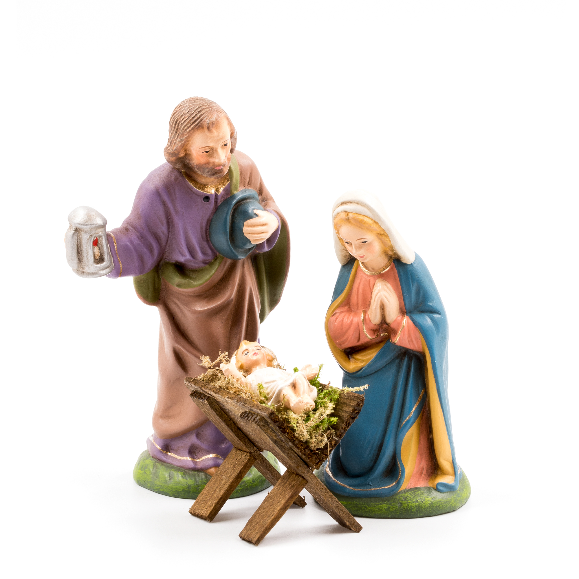 Krippenfiguren: Maria, Josef und Jesuskind in Krippe
