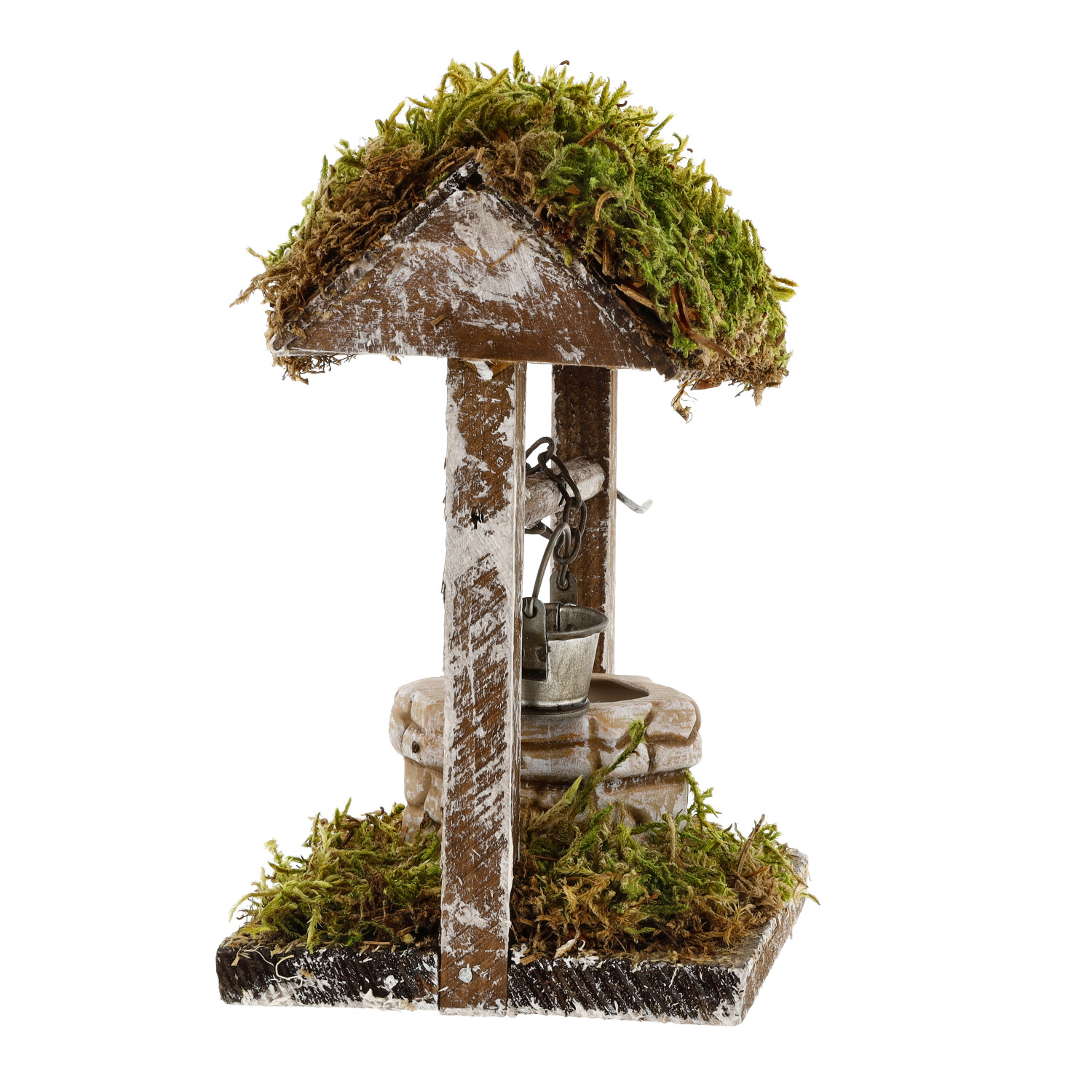 Miniatur-Holzbrunnen mit Moosdach und Zinkeimer