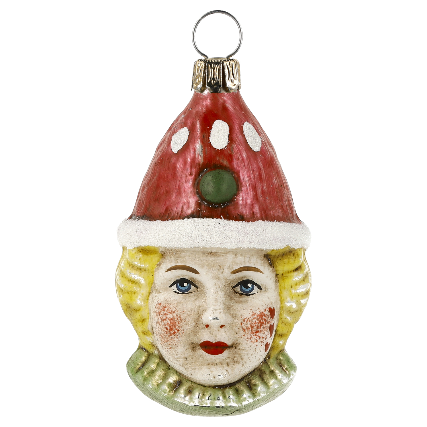 Handbemalter Glas-Clown, rote Mütze, patiniert, aus Lauscha