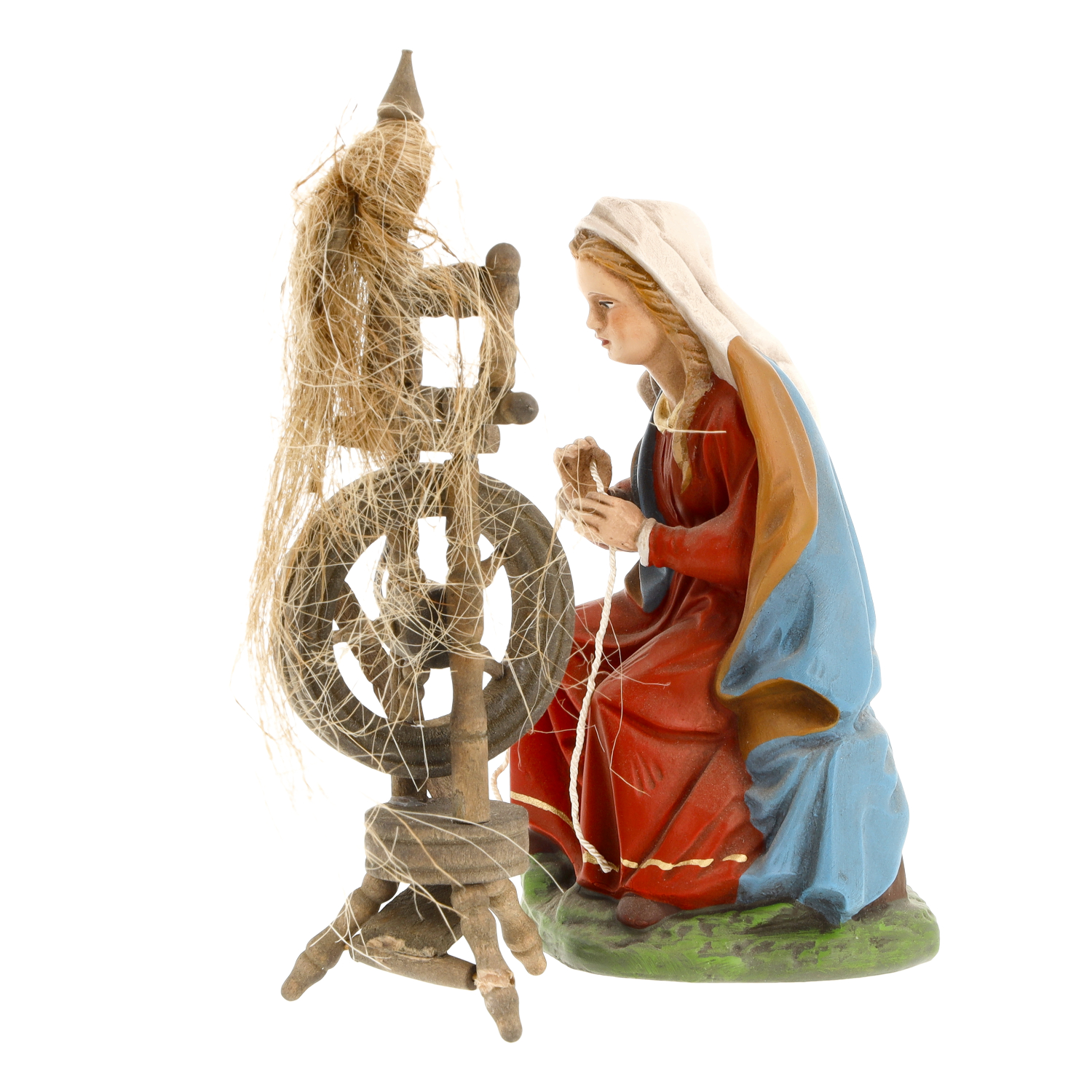 Krippenfigur Frau am Spinnrad, handbemalte Figur