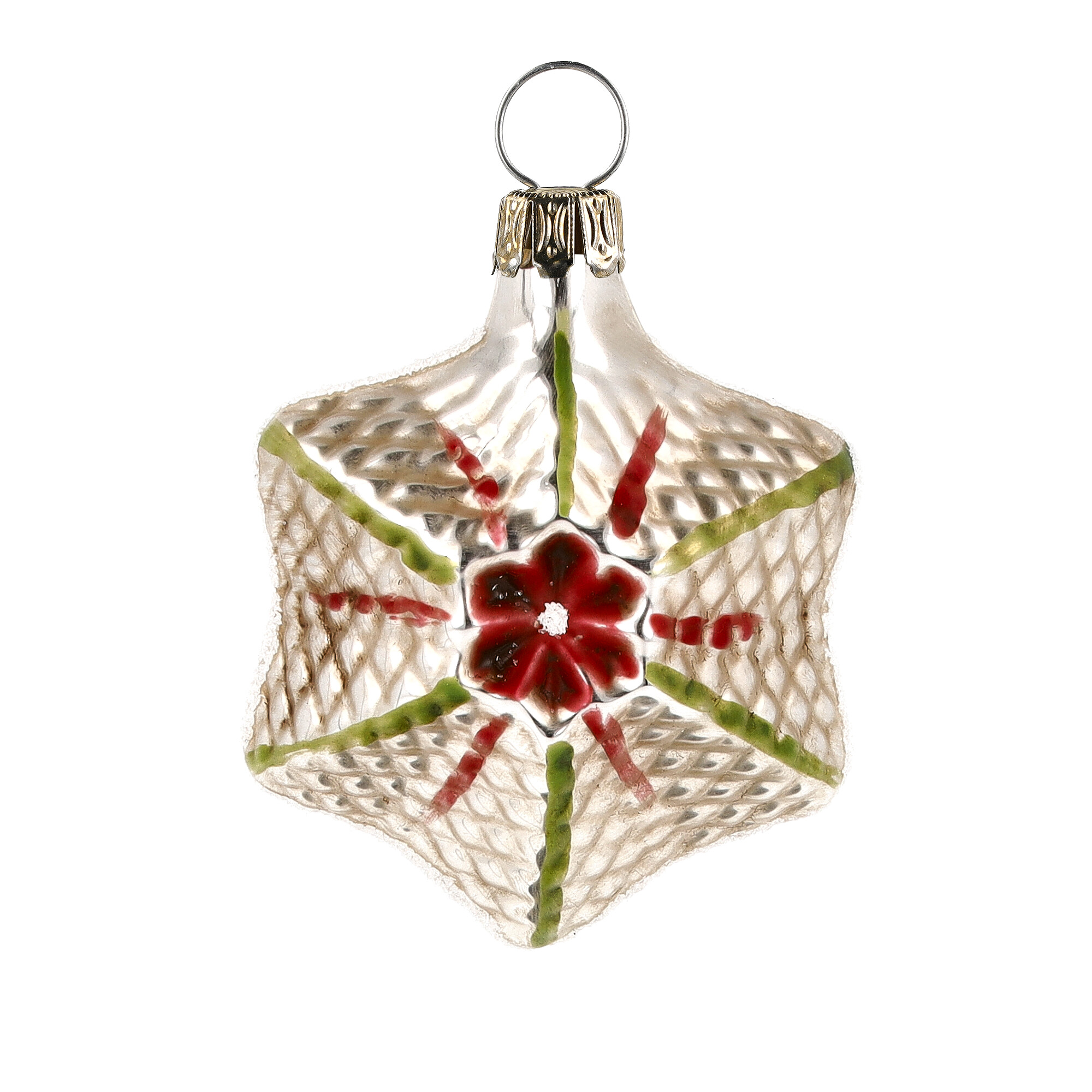 Christbaumkugel aus Glas, Sternform mit roter Blüte