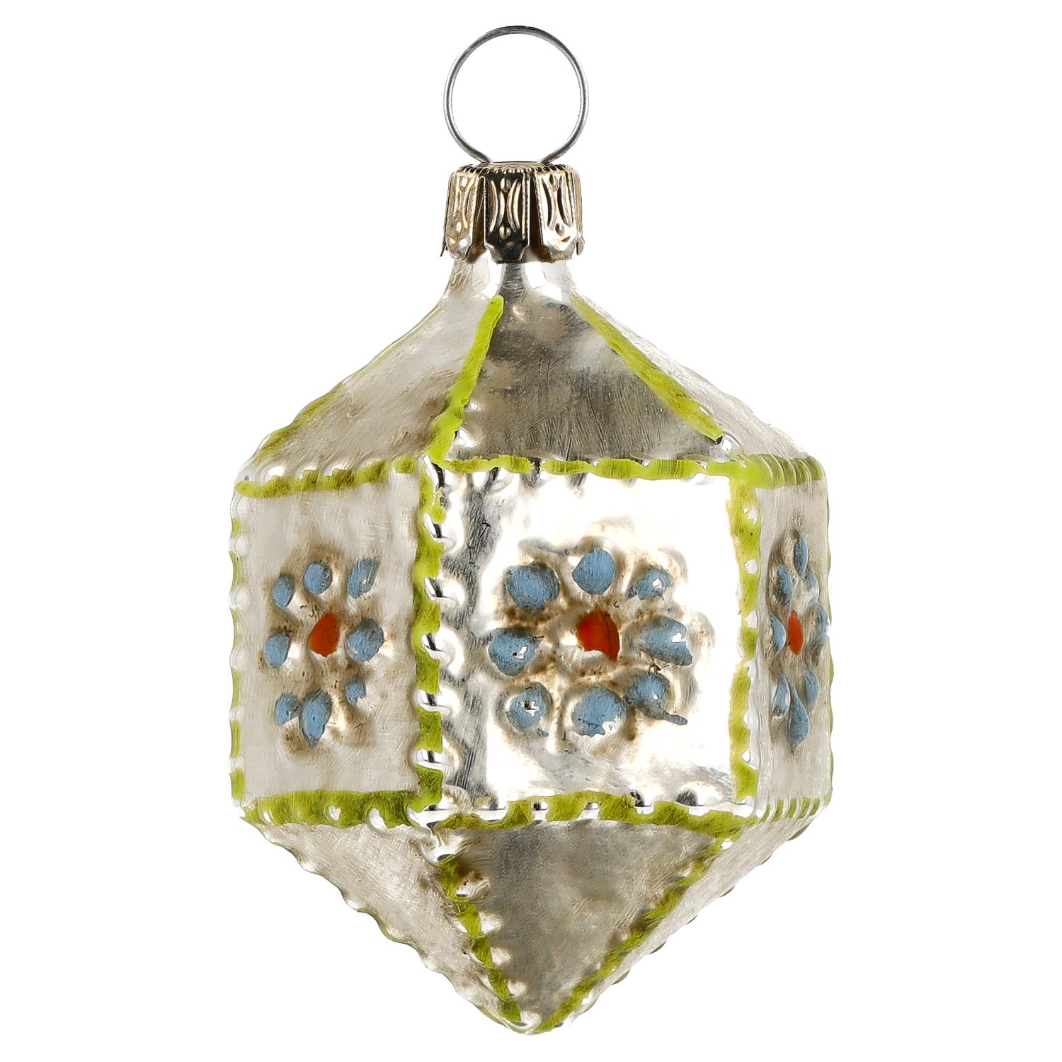 Glas-Miniatur Sechseck mit Noppen, blau, patiniert – Marolin