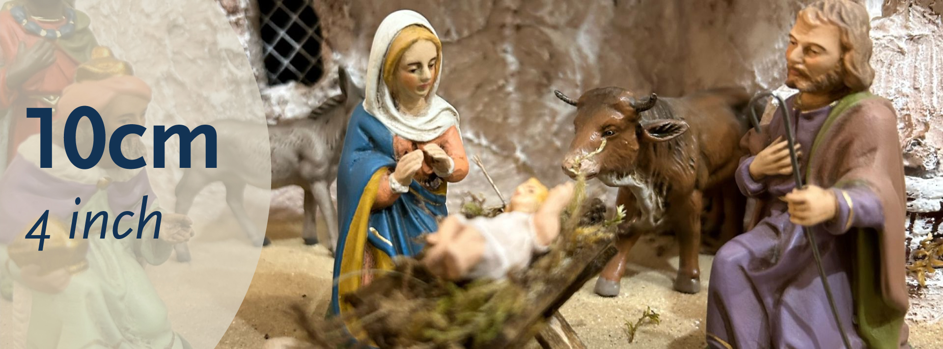 Krippen-Set 10 cm: Heilige Familie mit Ochs und Esel
