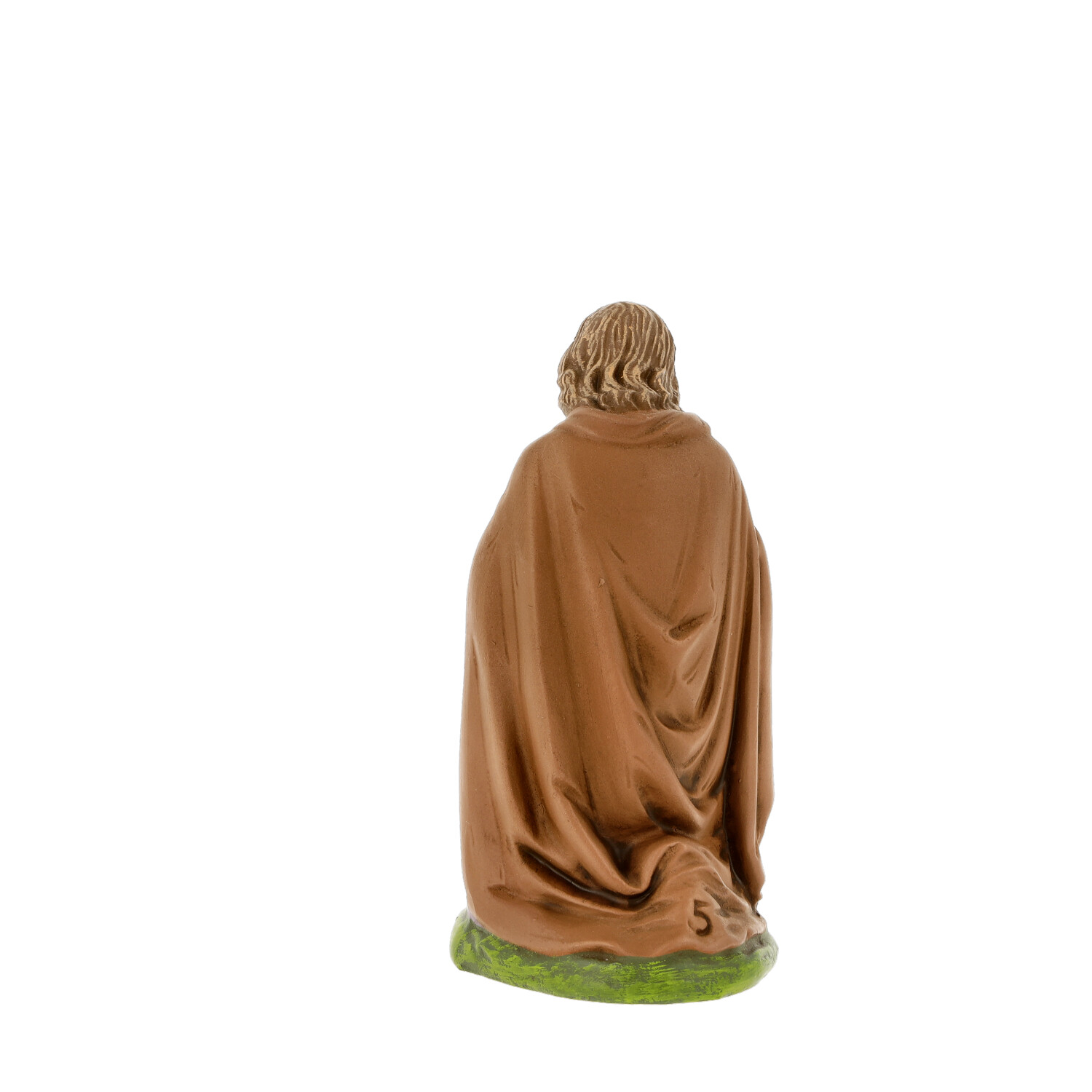 Krippenfigur mit braunem Umhang auf grünem Sockel