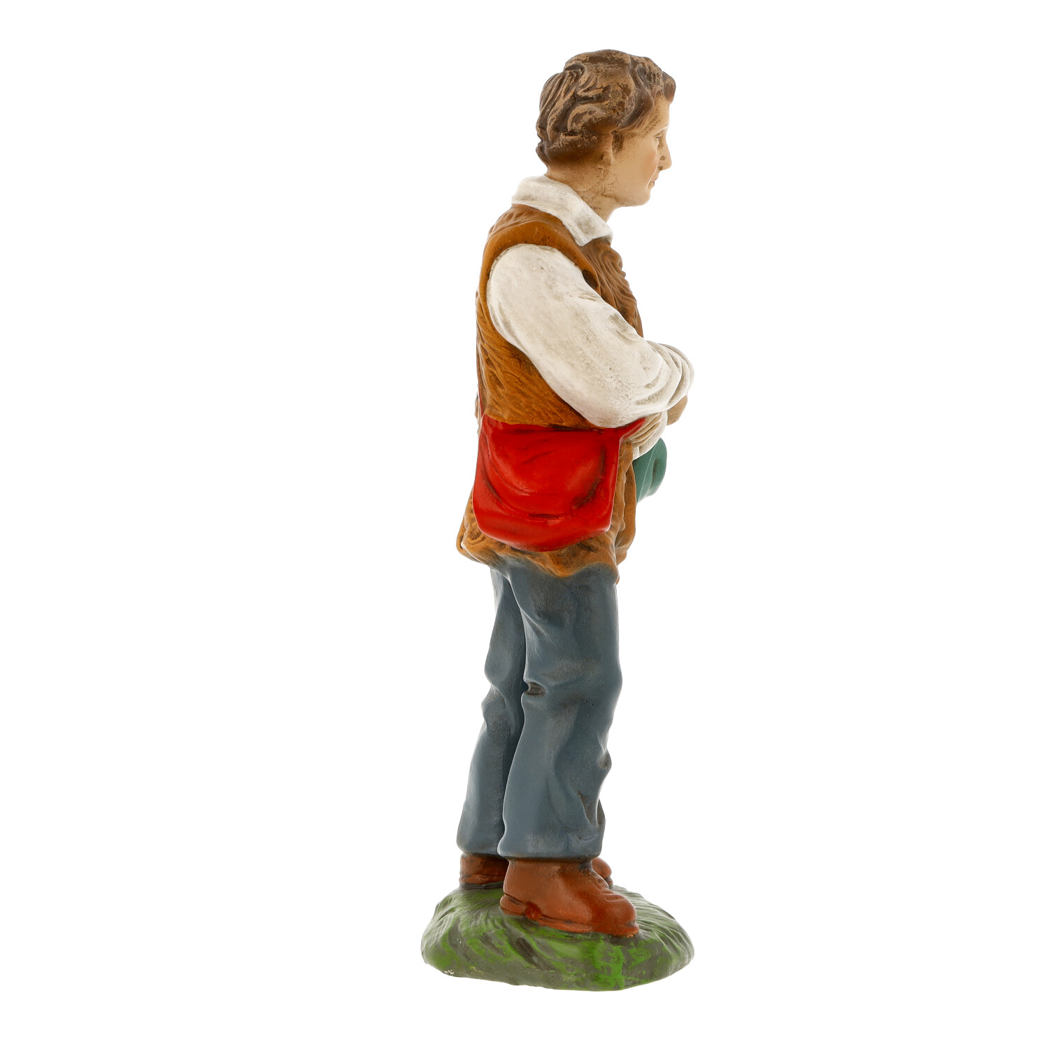 Krippenfigur Mann mit Umhängetasche, Seitenansicht