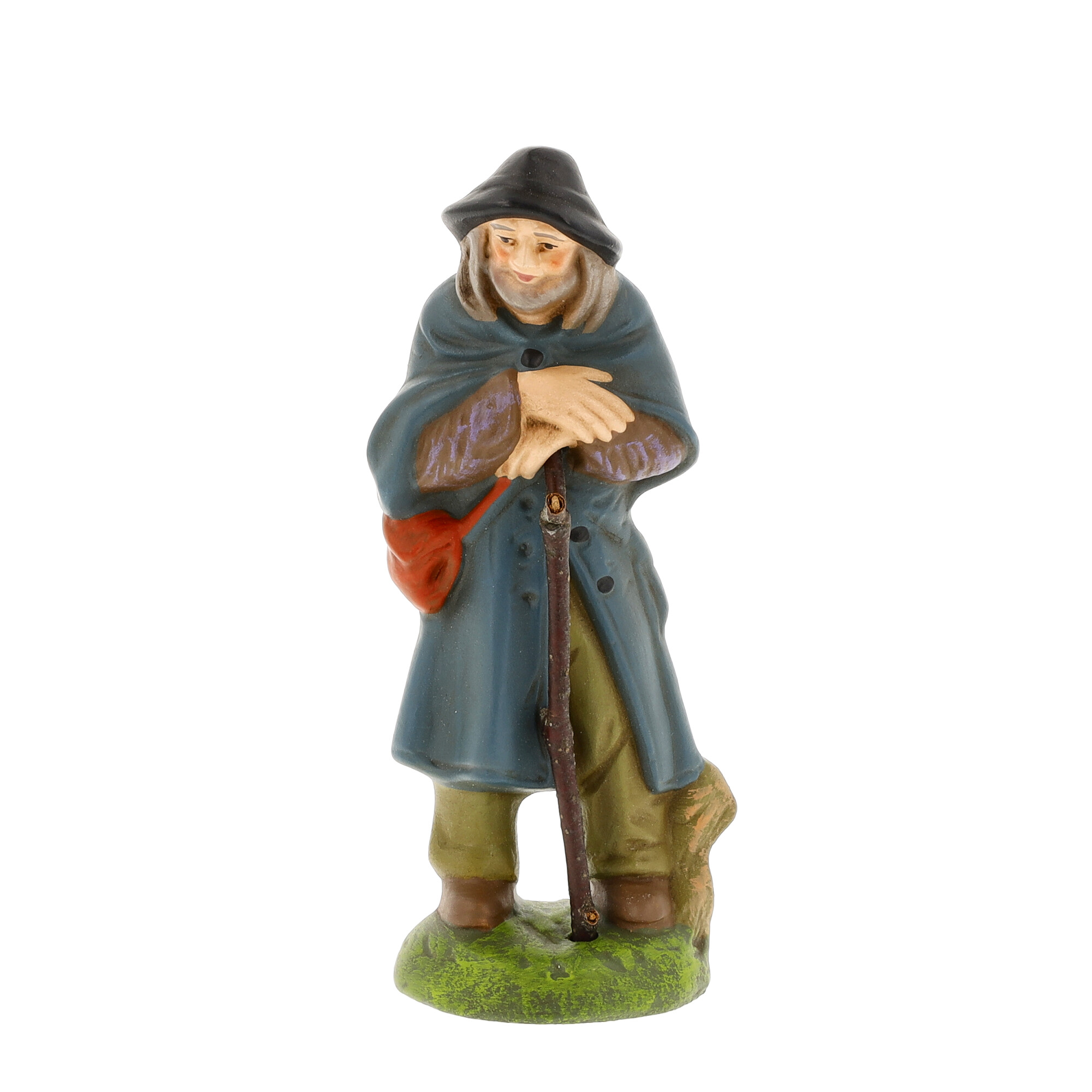 Handbemalte Figur: alter Mann mit Mantel und Gehstock