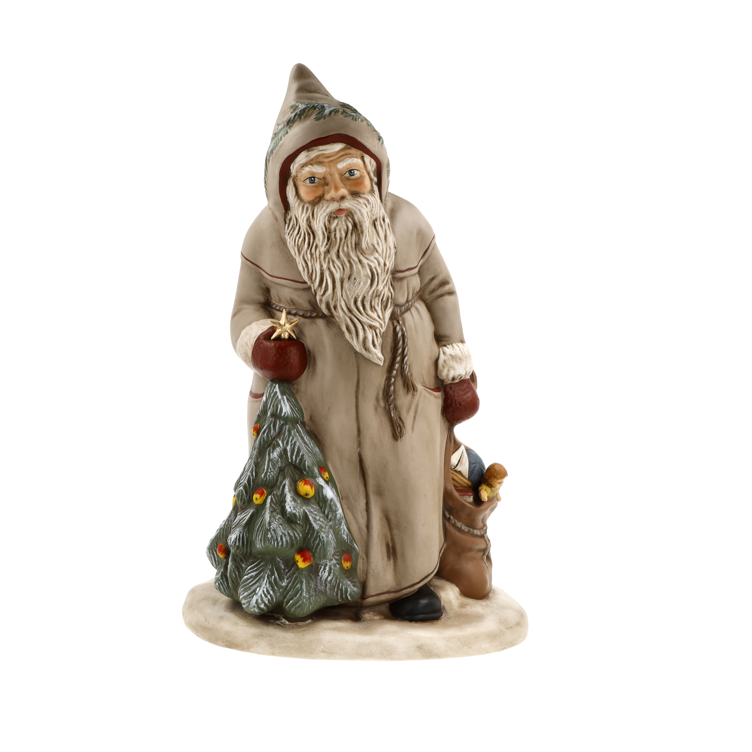 Weihnachtsmann-Figur im Mantel mit Tannenbaum und Sack