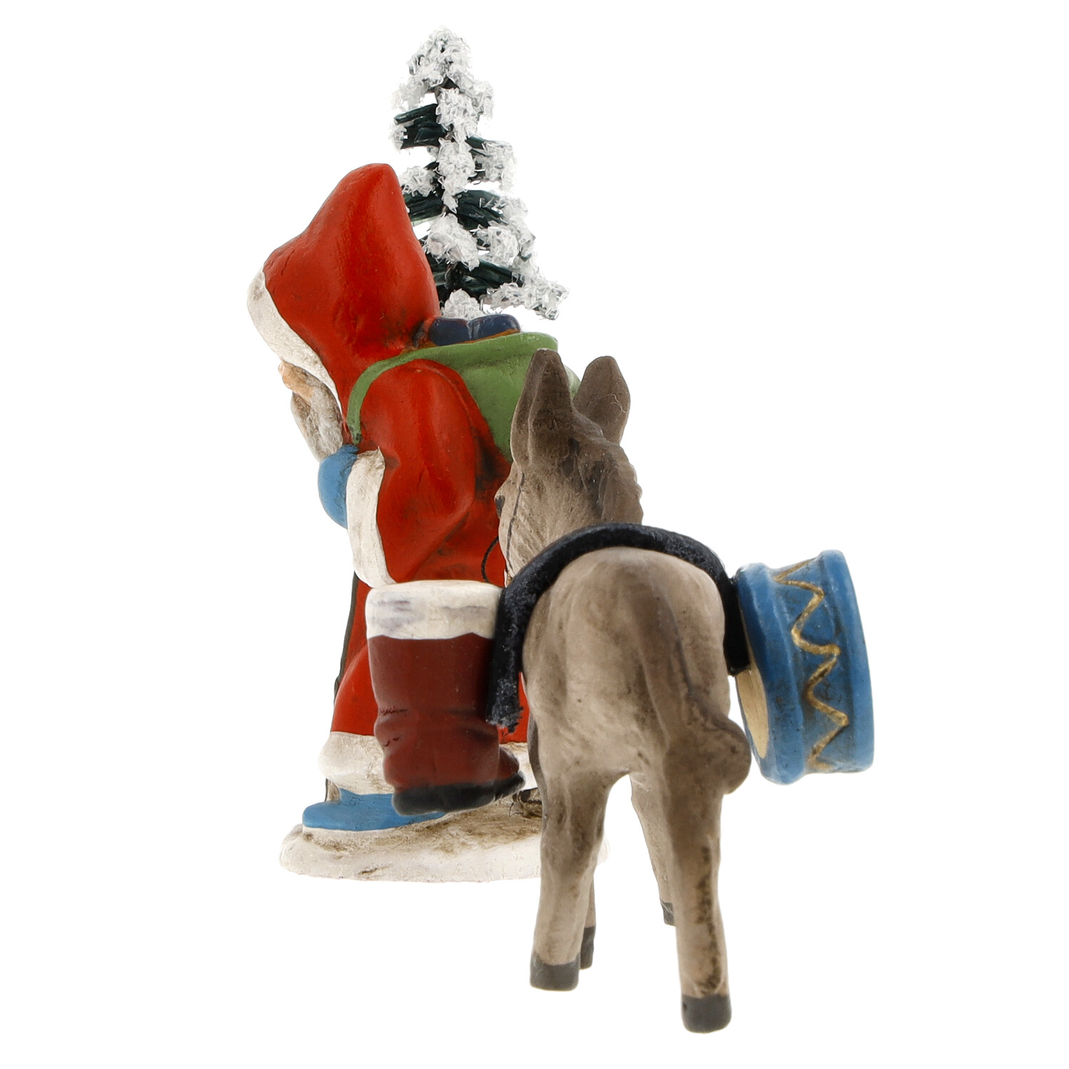 Dekofigur Nikolaus mit Esel, Trommel und Tannenbaum