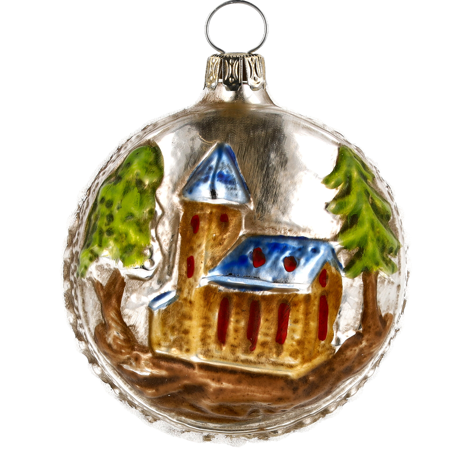 Nostalgisches Glasornament - Kugel mit Kirche und Baum