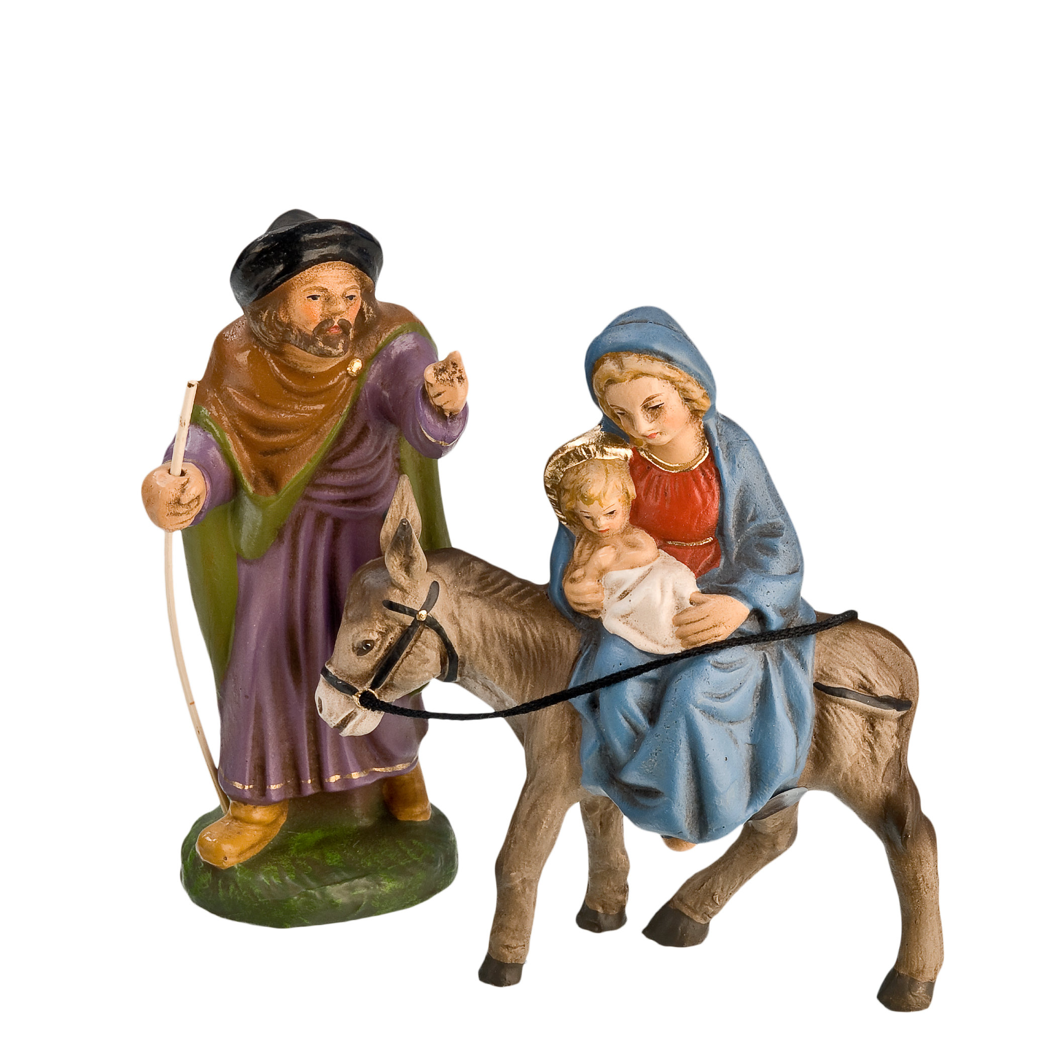 Krippenfiguren: Maria mit Kind auf Esel, Josef