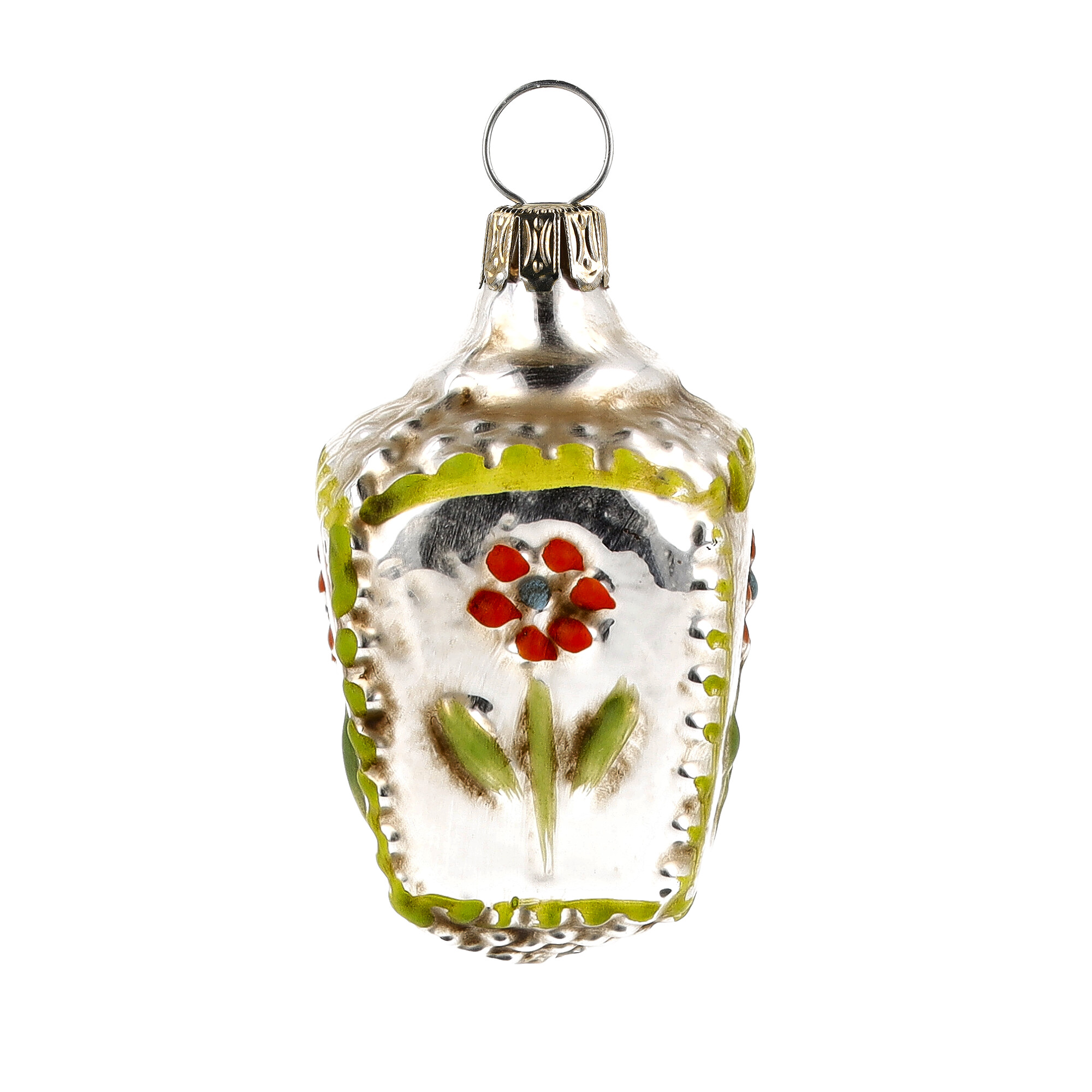 Christbaumschmuck aus Glas, silber, handbemalte Blume