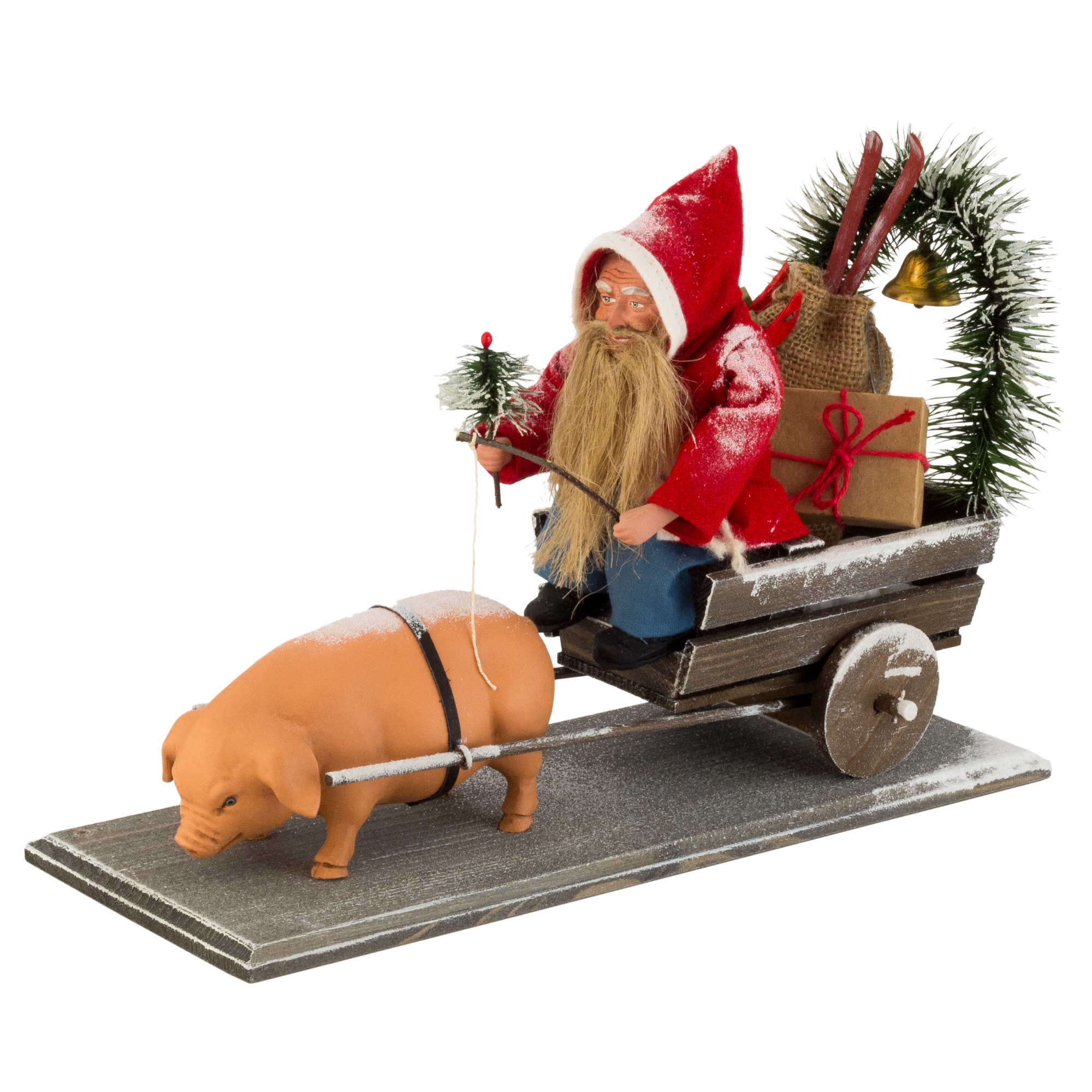 Dekofigur: Nikolaus im Holzwagen, Schwein zieht