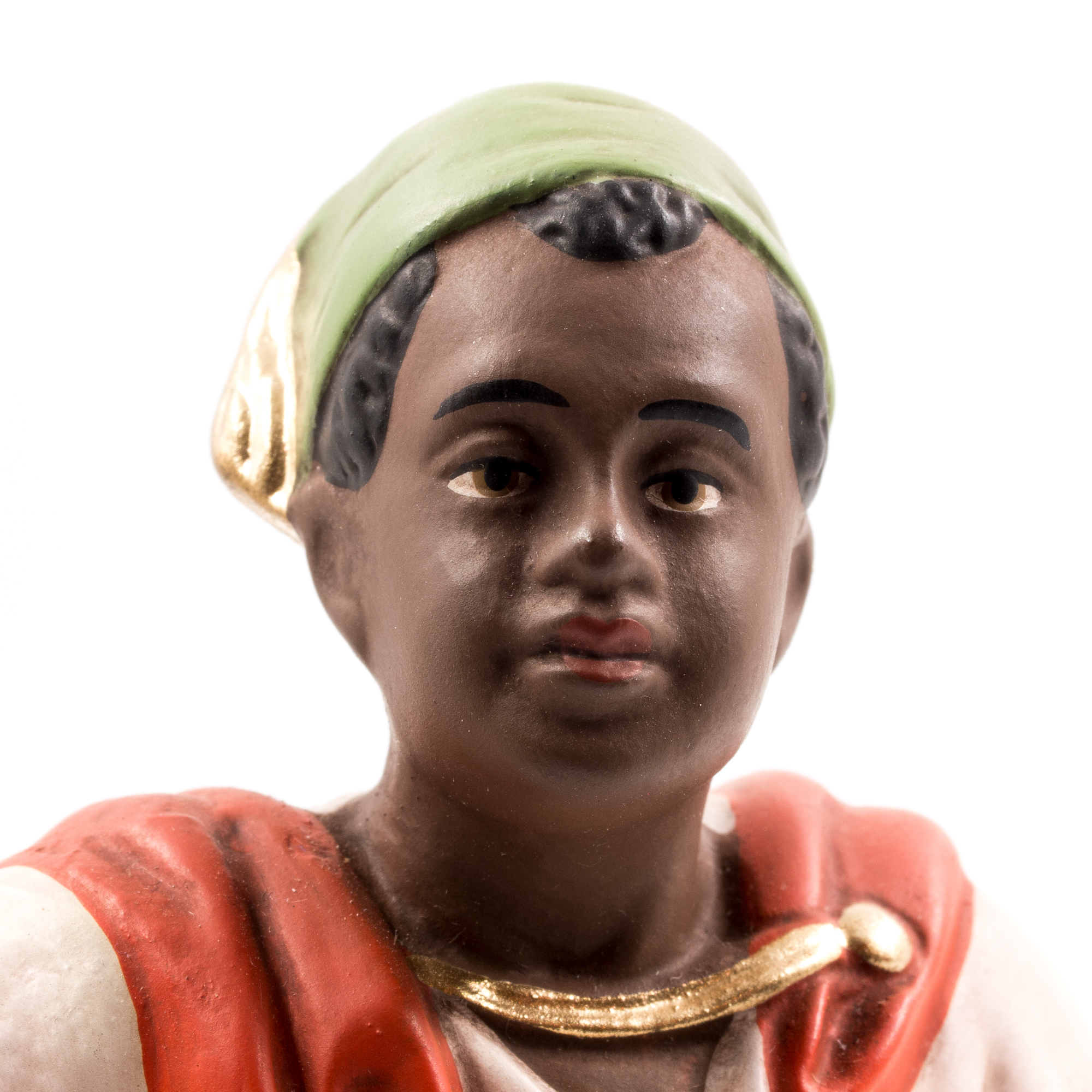Keramik-Krippenfigur mit grünem Kopftuch, rot-gold