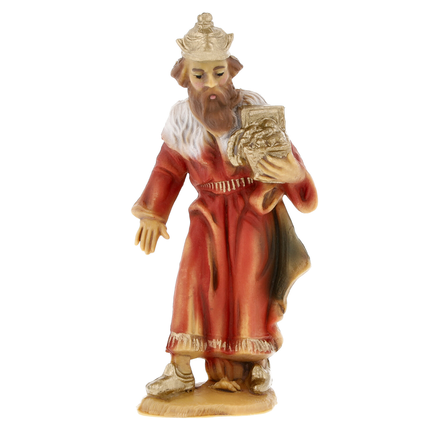 Krippenfigur König in rot-goldener Robe mit Geschenk