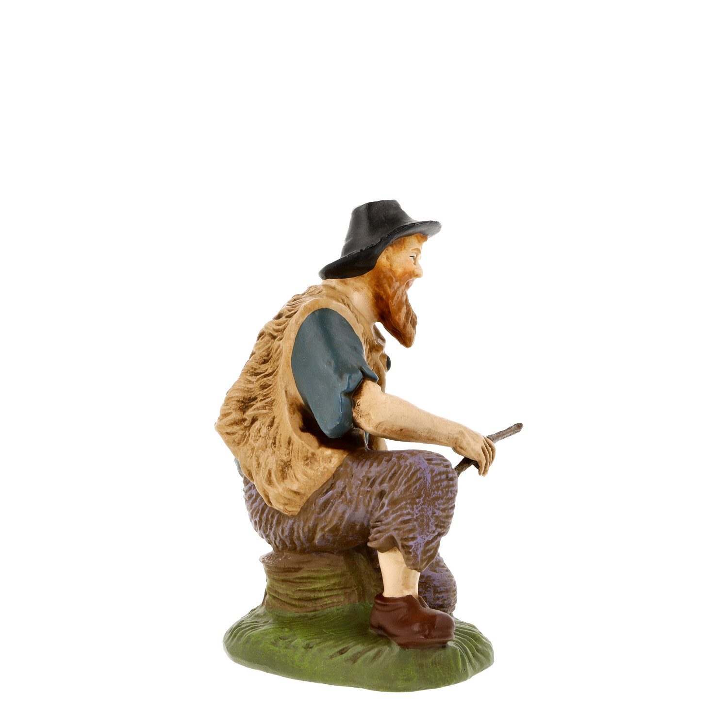 Sitzender Hirte mit Stock als Krippenfigur, handbemalt