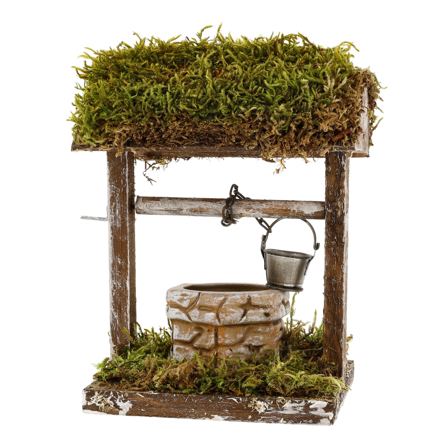 Krippenbrunnen aus Holz mit Moos und Zinkeimer