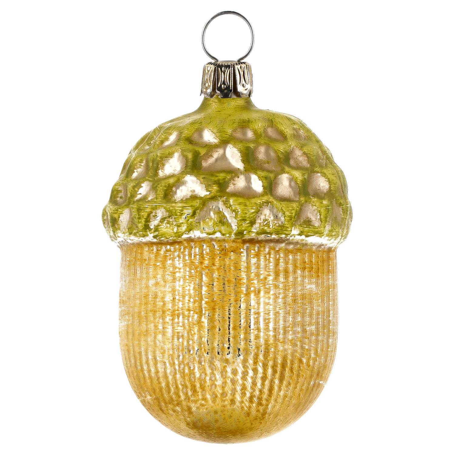 Eichel Weihnachtsbaumanhänger aus Glas, goldgrün