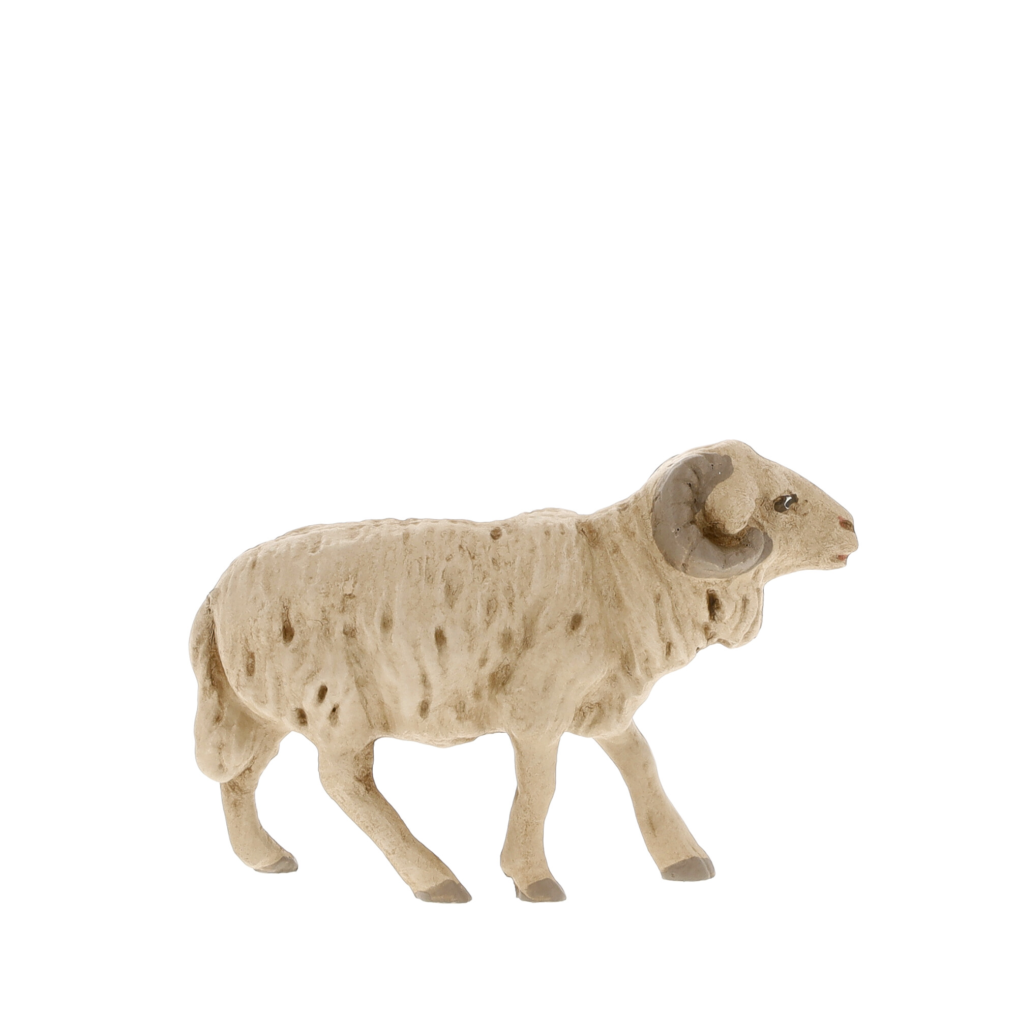Beige Widderfigur mit Hörnern, seitliche Ansicht