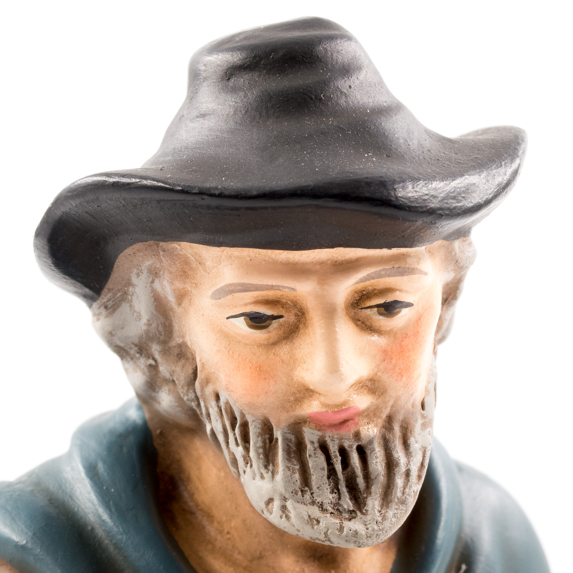 Hirtenfigur mit Bart und schwarzem Hut, handbemalt