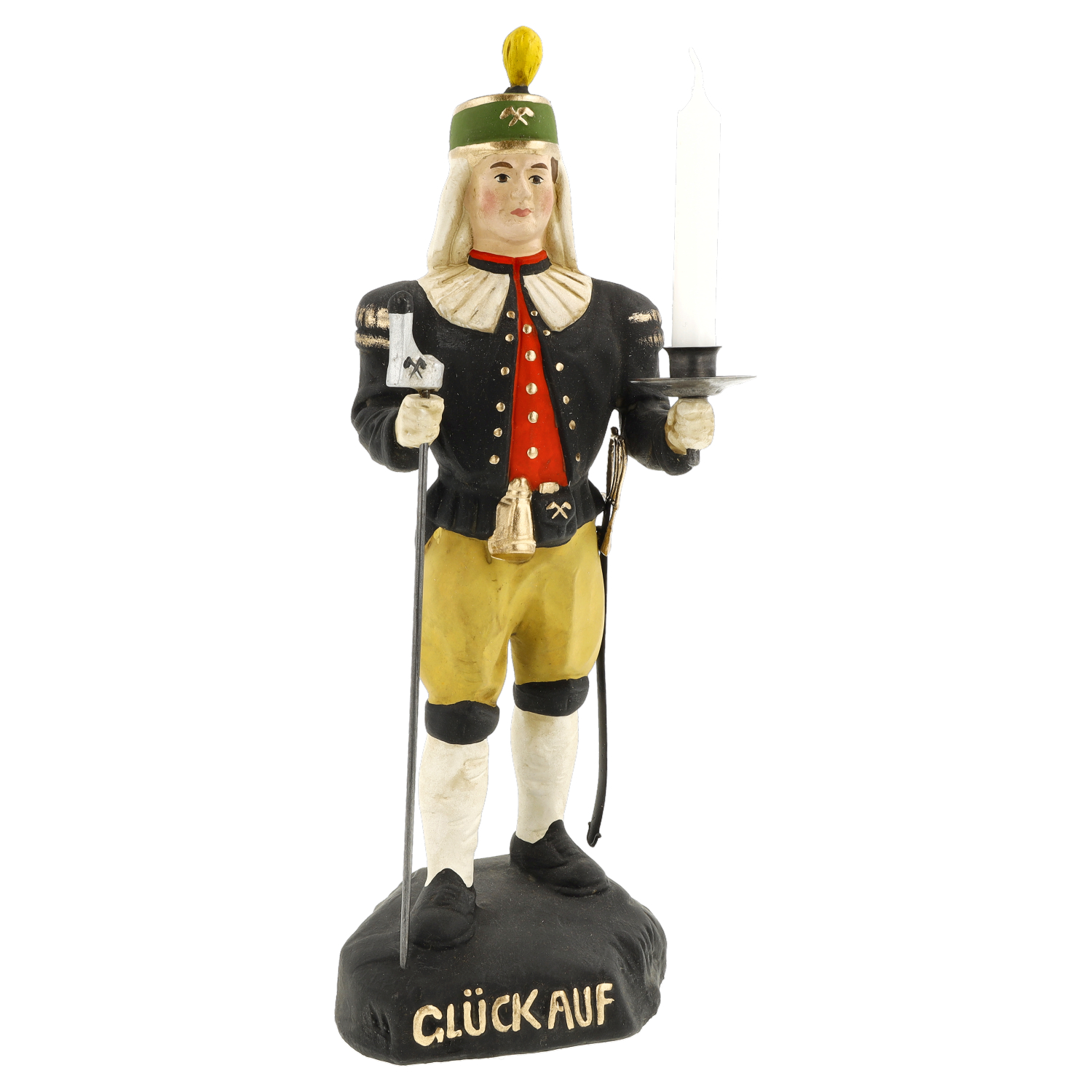 Dekorative Bergmannfigur mit Kerze und Glückauf-Sockel