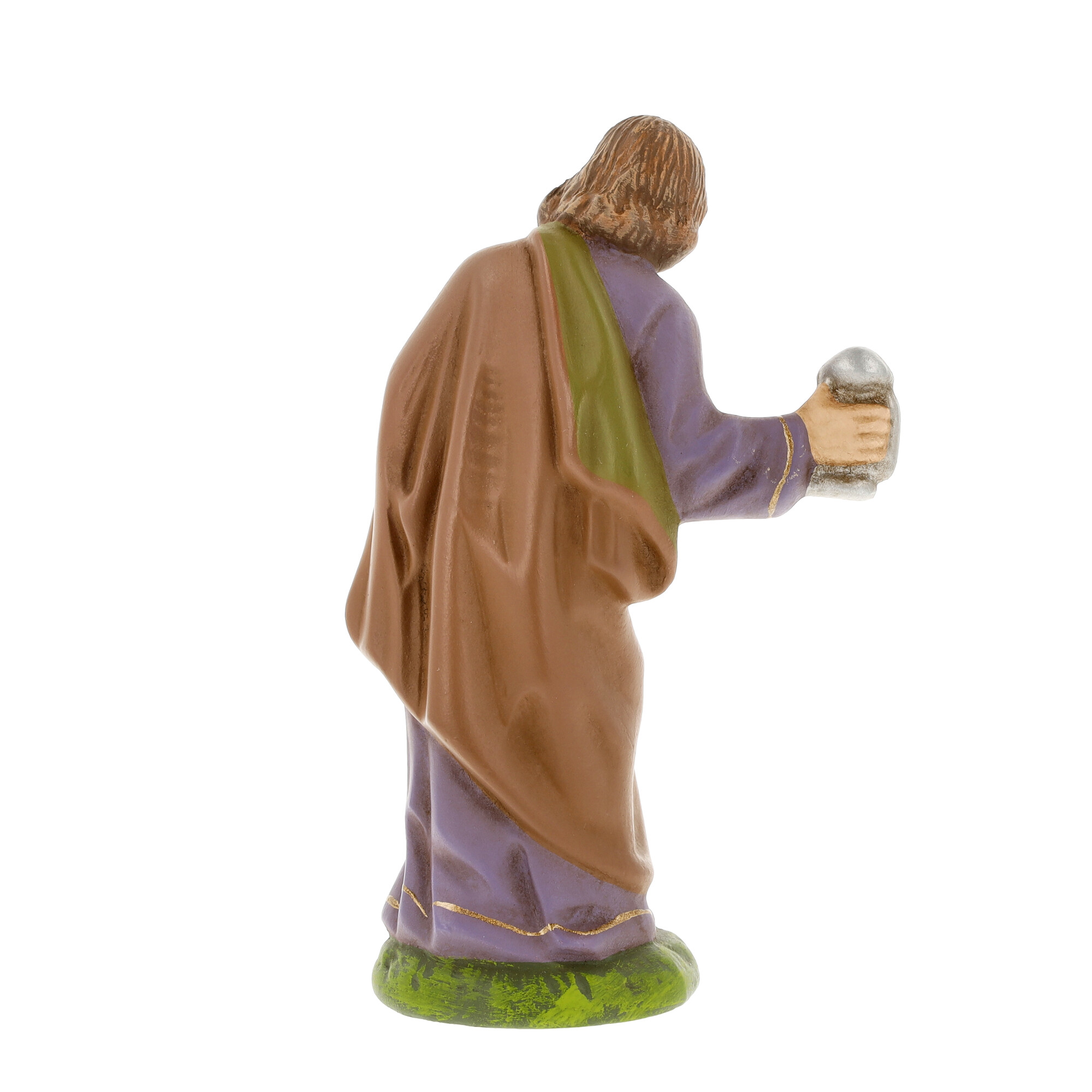 Krippenfigur in Lila-Braun hält Gefäß, Rückansicht
