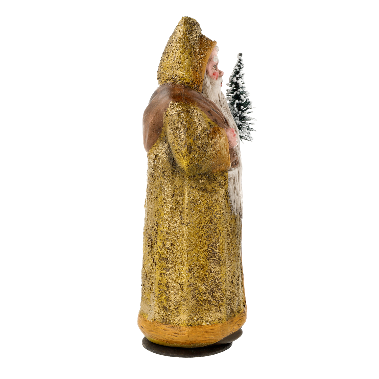 Dekofigur Weihnachtsmann in Gold, seitlich, mit Tanne