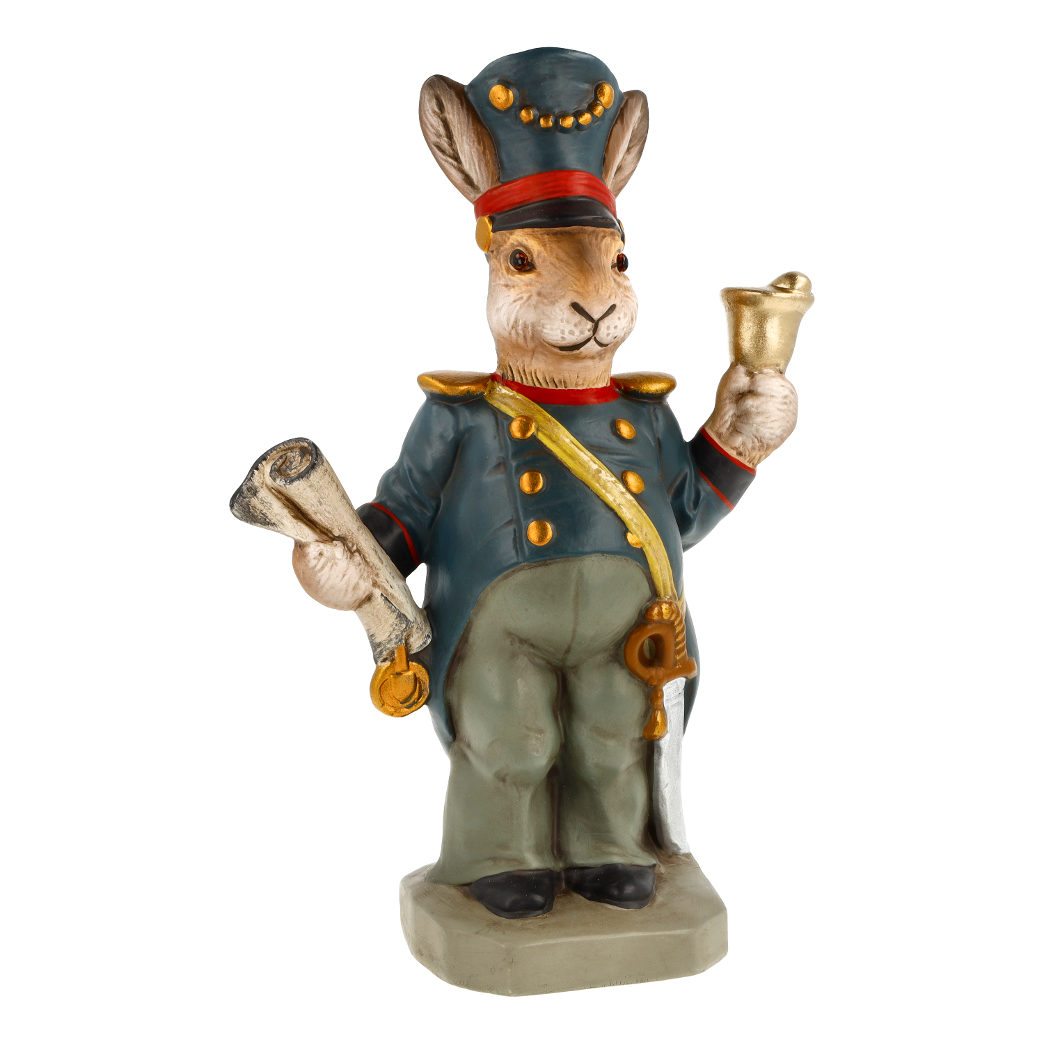 Hasenfigur in Uniform mit Glocke und Schriftrolle