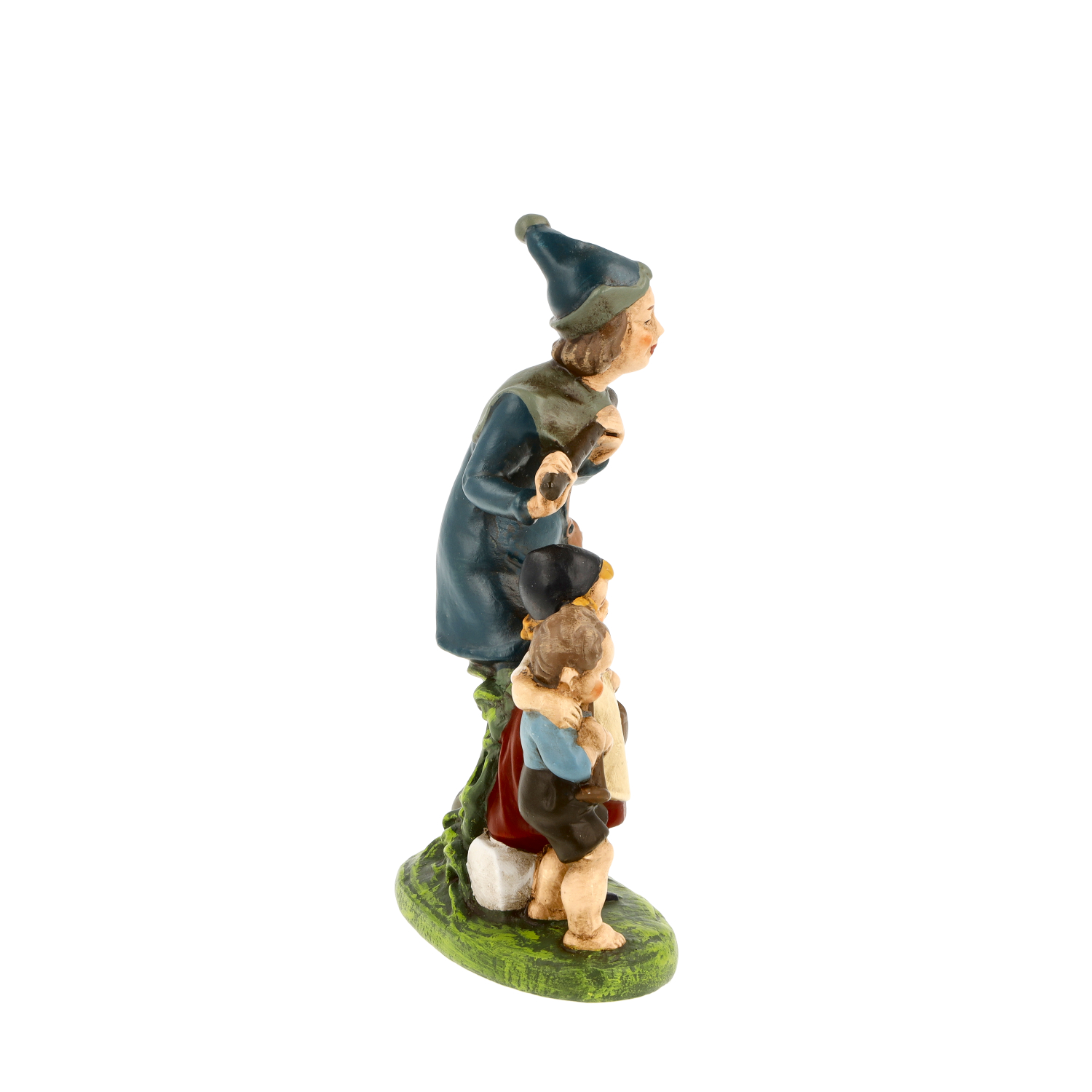 Figur einer Frau mit Kind, blauer Mantel, grüner Sockel