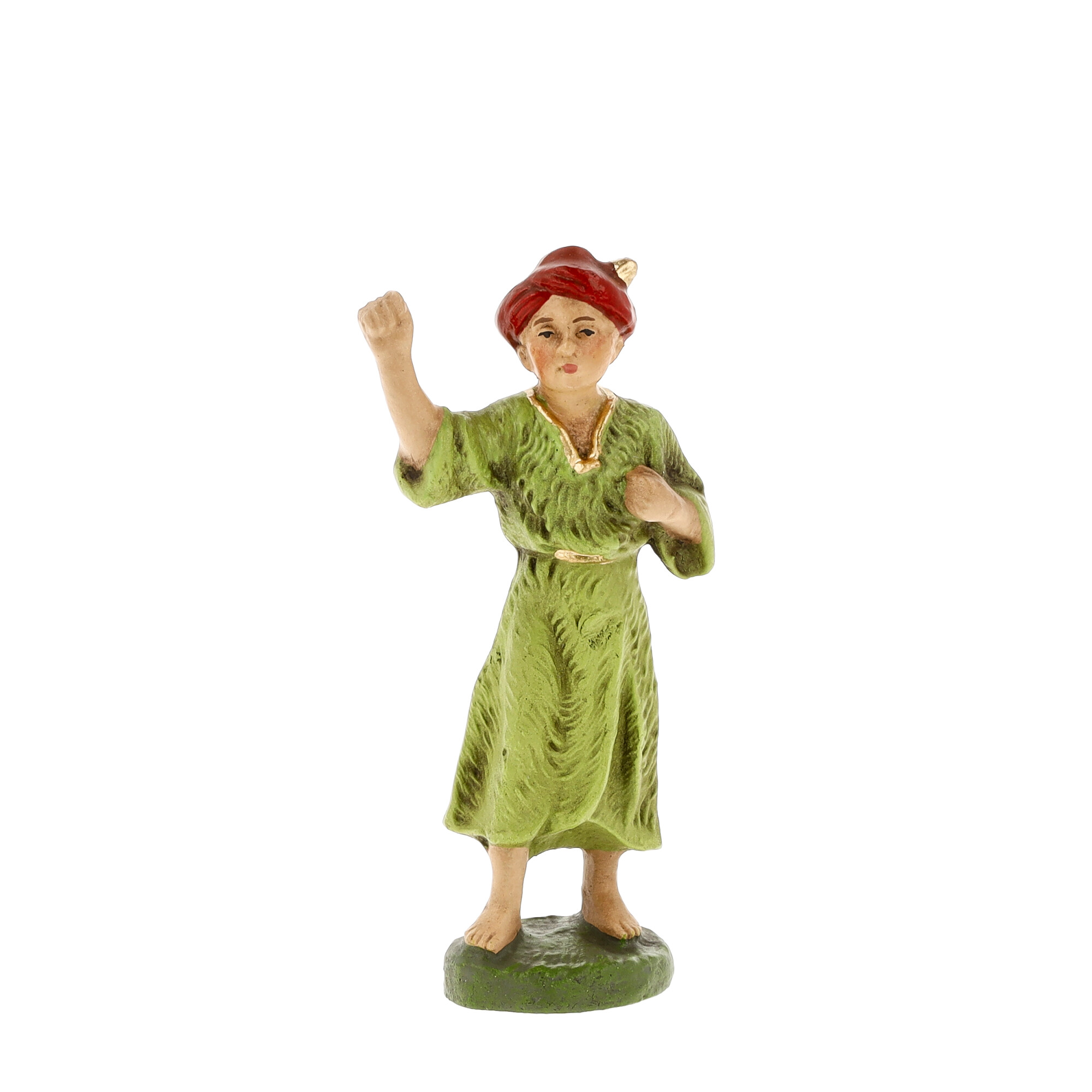 Krippenfigur Kind in grünem Gewand, Hand erhoben
