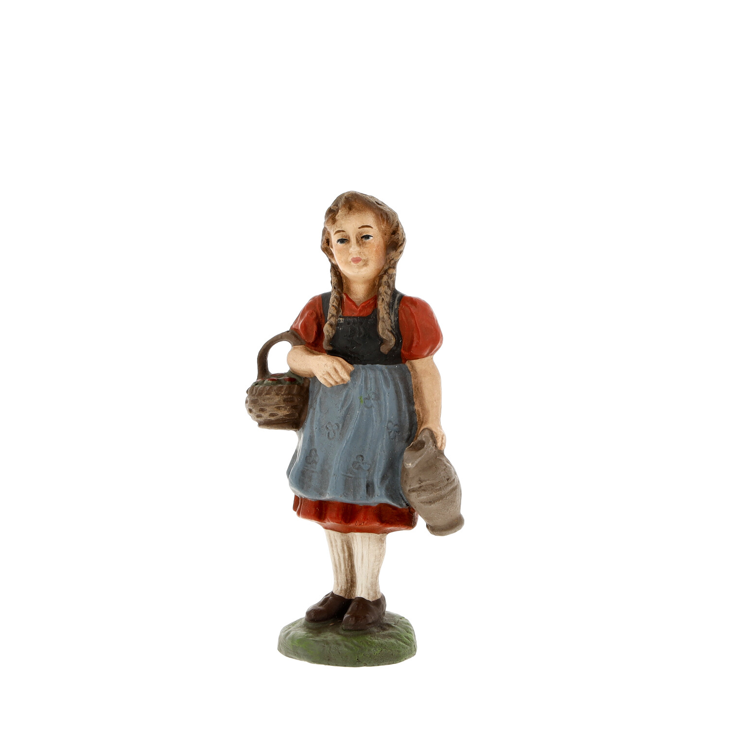Handbemalte Mädchenfigur mit Schürze, Korb und Krug