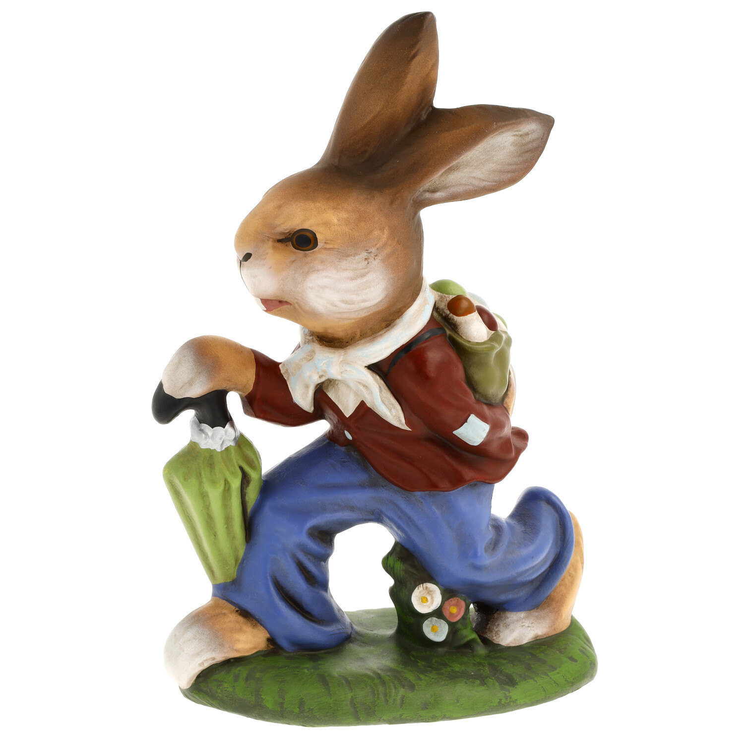 Handbemalte Osterhasen-Figur mit Rucksack und Schirm