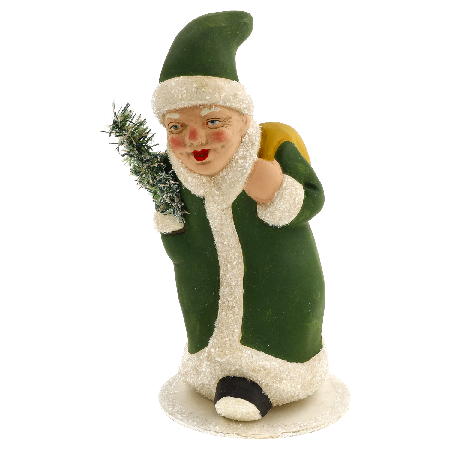 Grüner Weihnachtsmann Figur mit Baum und Geschenksack