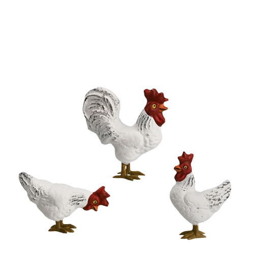 3-teiliges Set weiße Hahn- und Hühnerfiguren