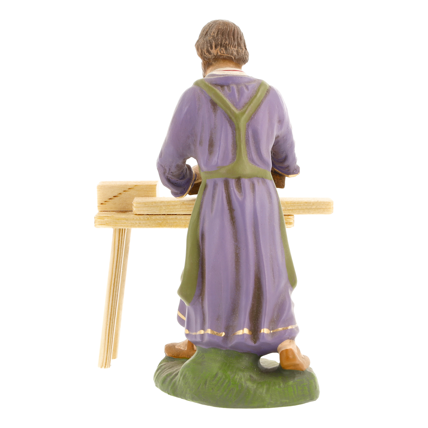 Krippenfigur Zimmermann an Werkbank, lila Gewand