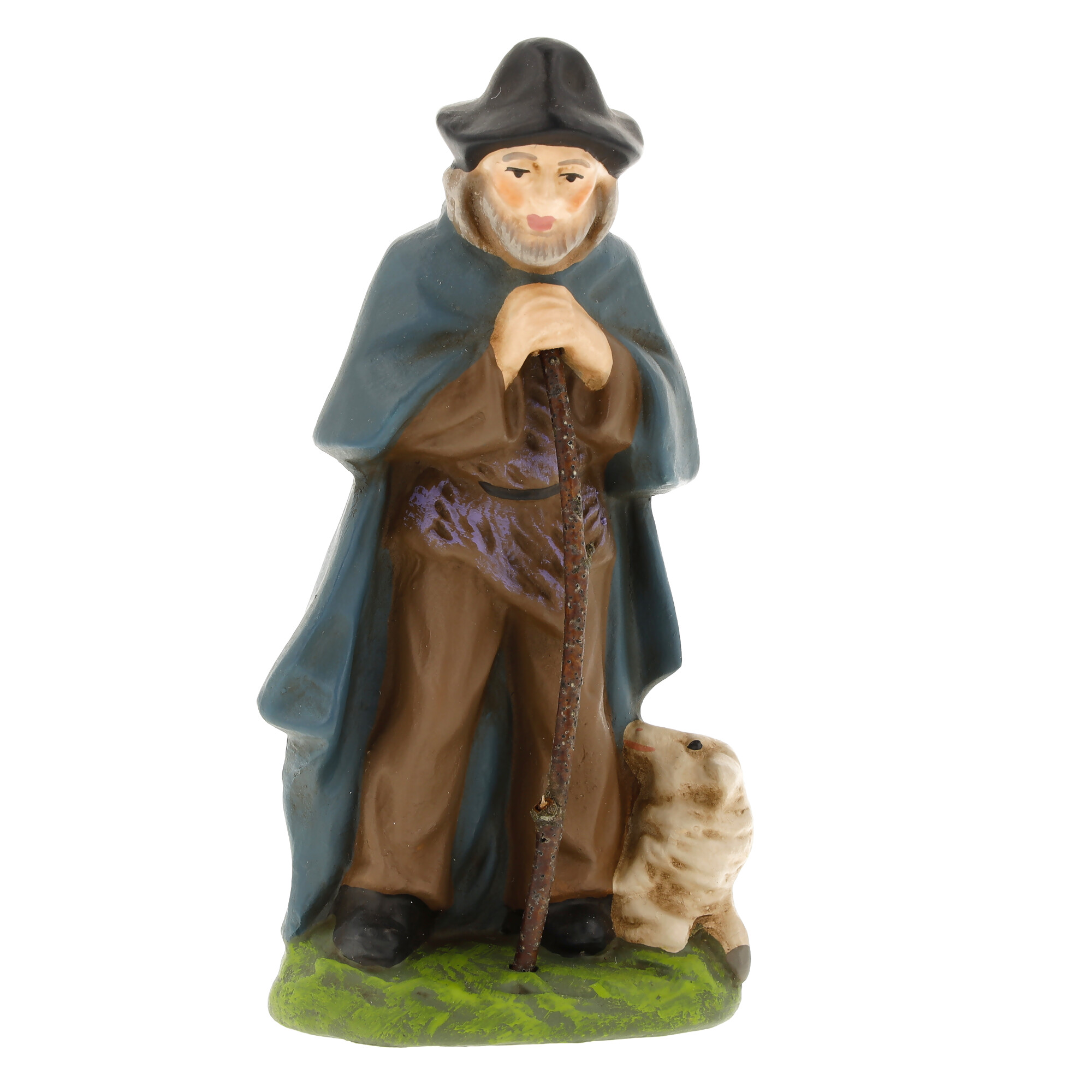 Hirtenfigur mit Mantel, Hut, Stab und kleinem Schaf