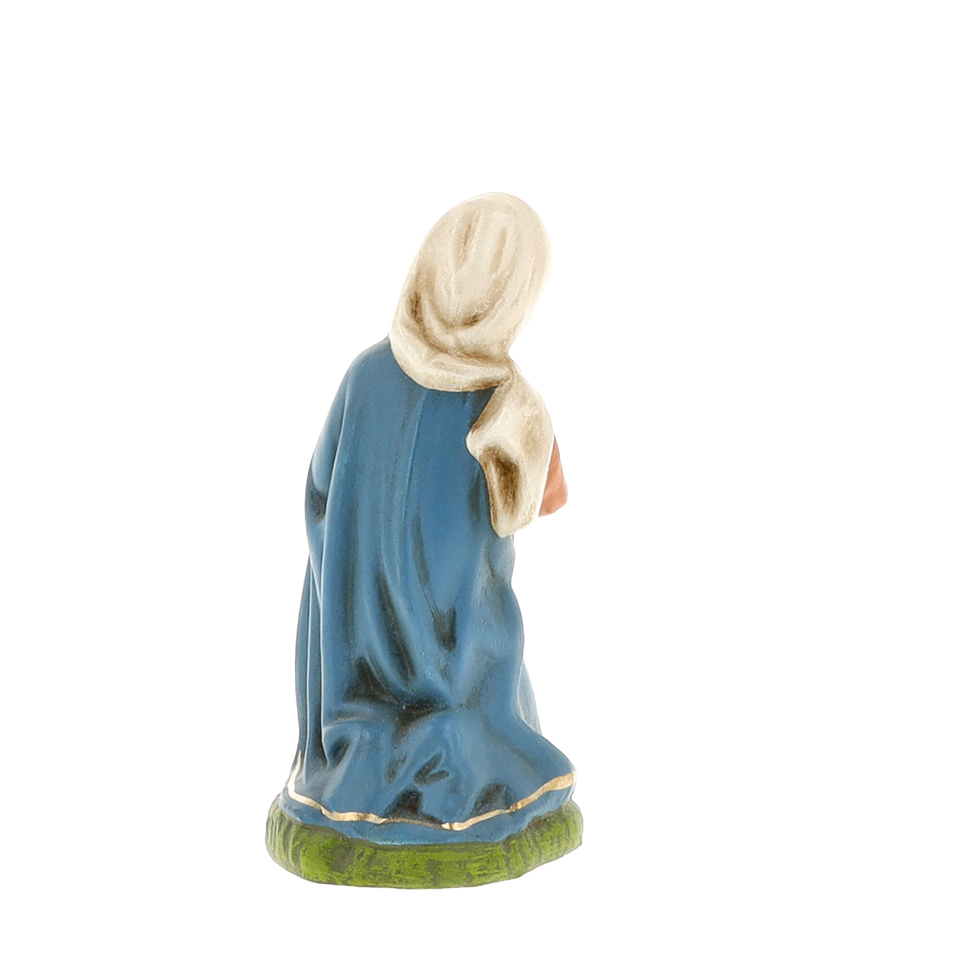 Kniende Krippenfigur, blaues Gewand, Rückansicht