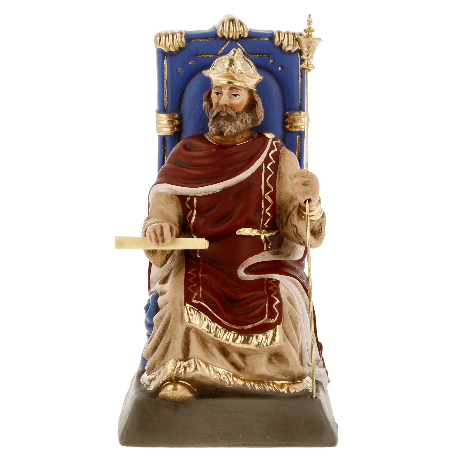 Handbemalte Königsfigur auf blauem Thron mit Zepter