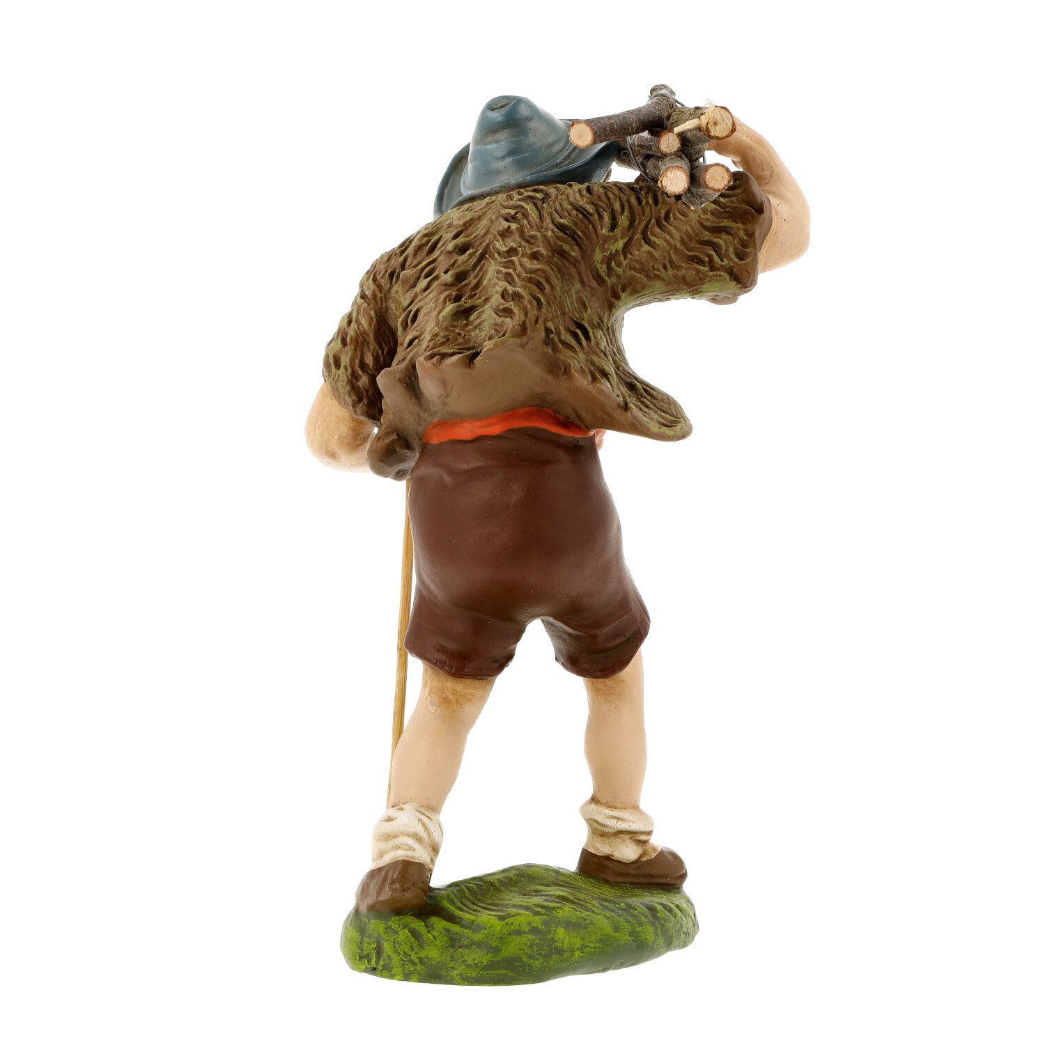 Krippenfigur Holzträger, Rückansicht, handbemalt