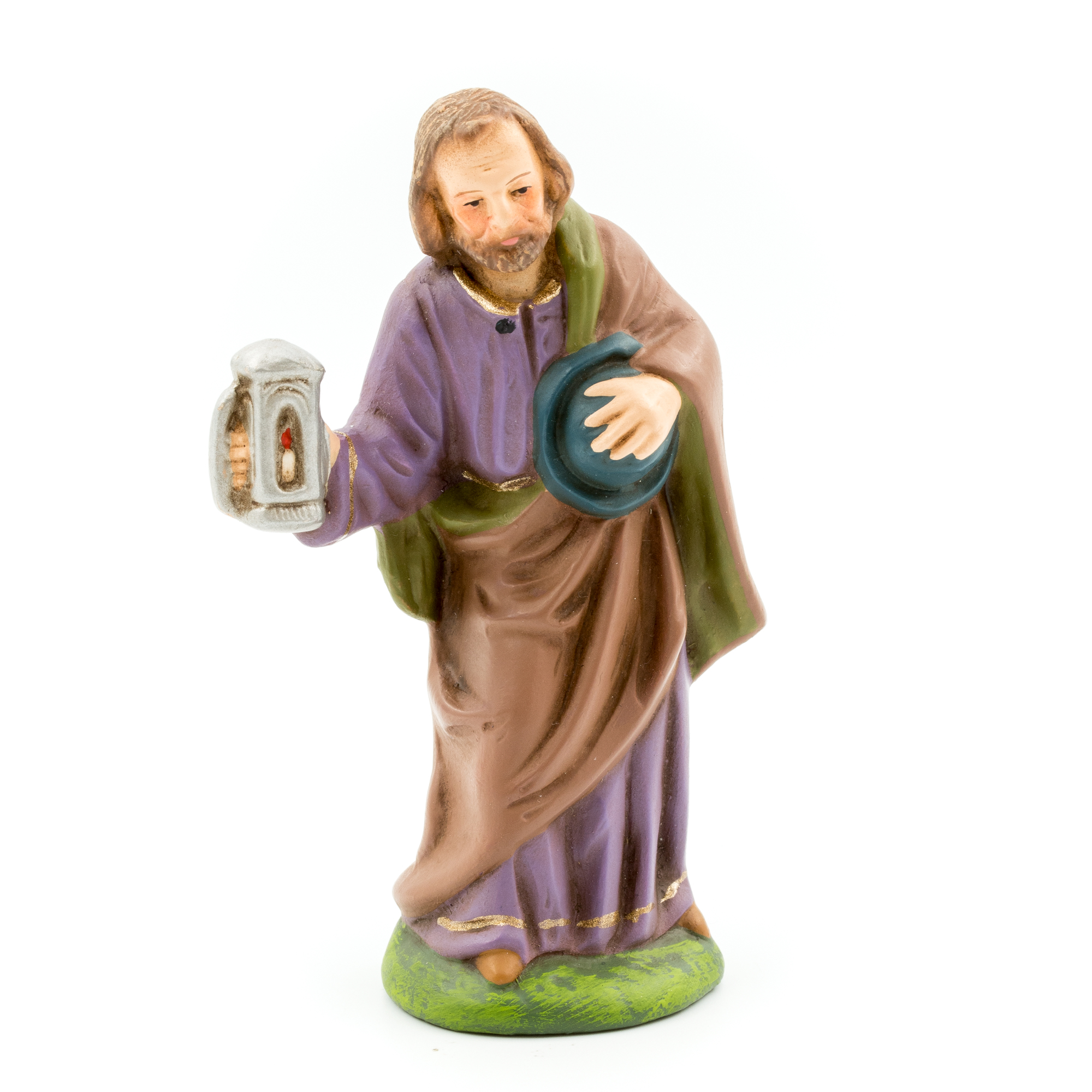 Krippenfigur: Mann mit Laterne, Hut in der Hand