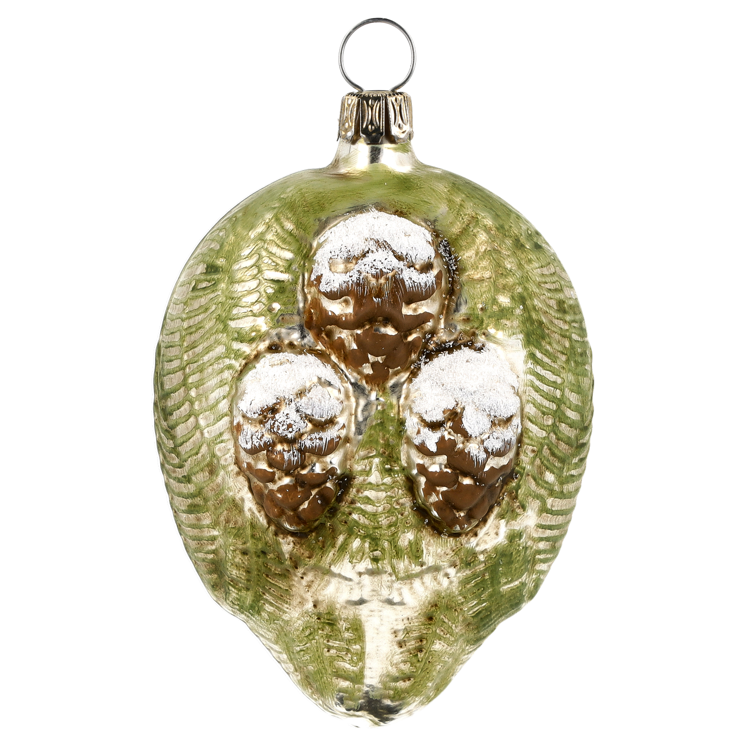 Weihnachtsanhänger aus Glas mit drei Tannenzapfen, grün-gold