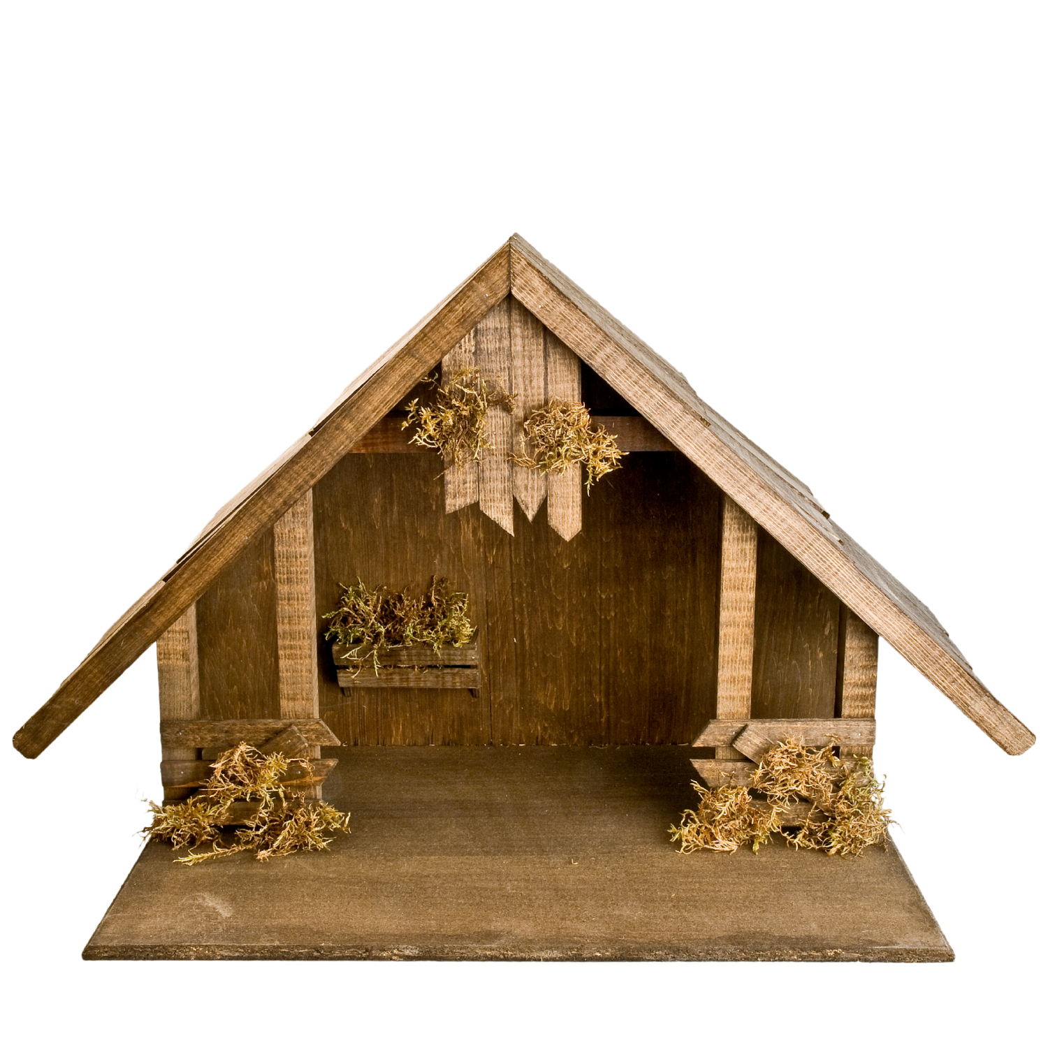 Holz-Krippenstall mit Moos, leerer Stall für Krippenfiguren