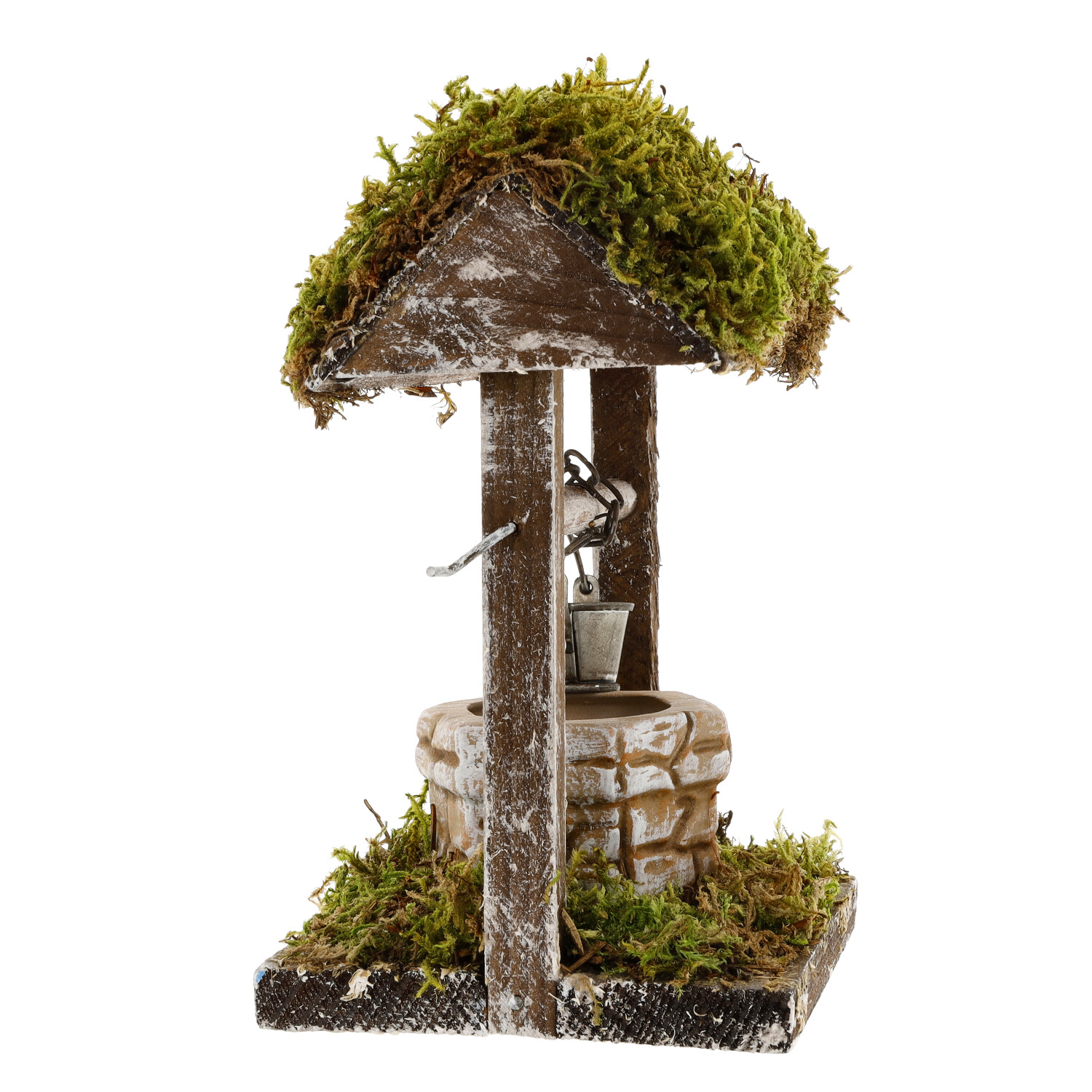 Rustikaler Holzbrunnen mit Moosdach und Eimer, Dekoration