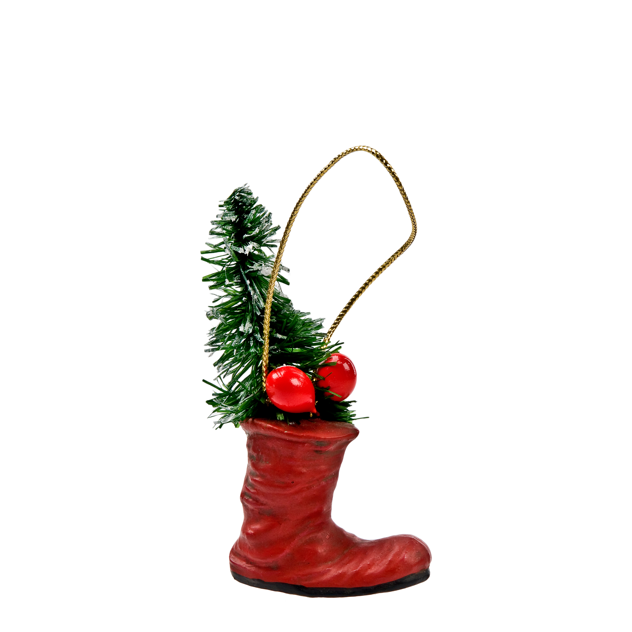 Roter Stiefel-Anhänger mit Mini-Tanne und Beeren