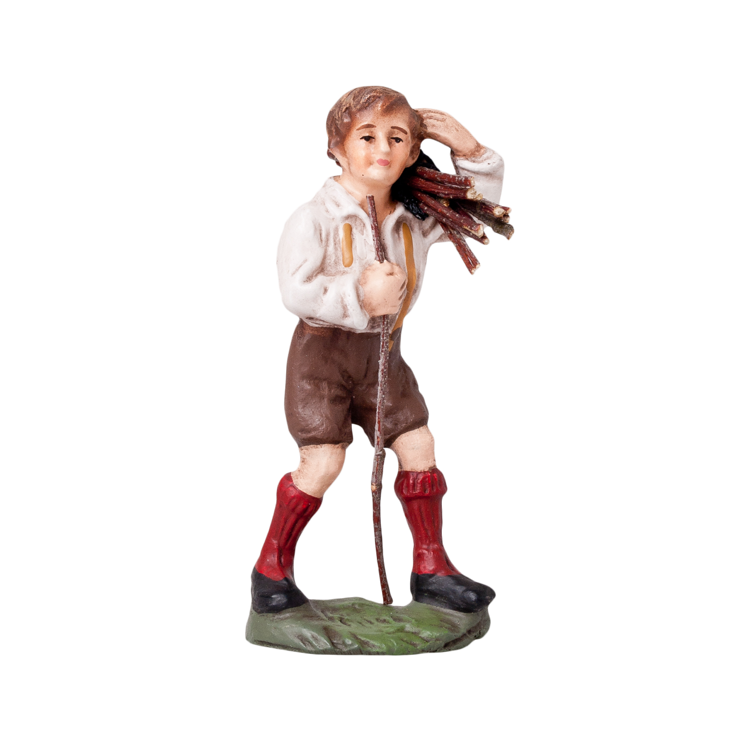 Handbemalte Figur eines Jungen mit Brennholz und Stock
